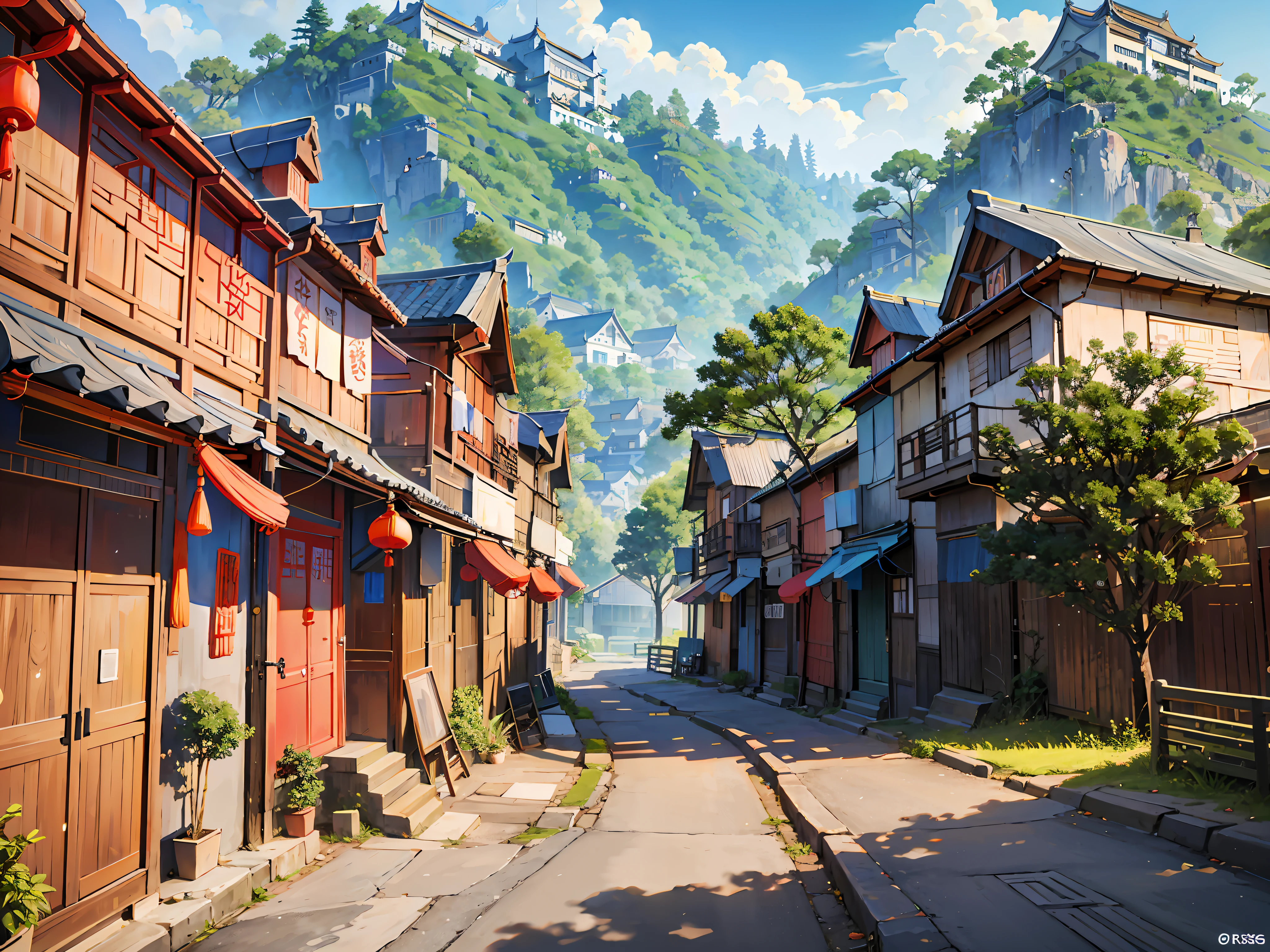 (Chinese town scenery), (Miyazaki style), cartoon, townhouse, road, curve, small house, tree, pole, white cloud, landscape, outdoor, green tree, epic composition, realistic lighting, HD detail, masterpiece, best quality, (very detailed CG unified 8k wallpaper), --v6