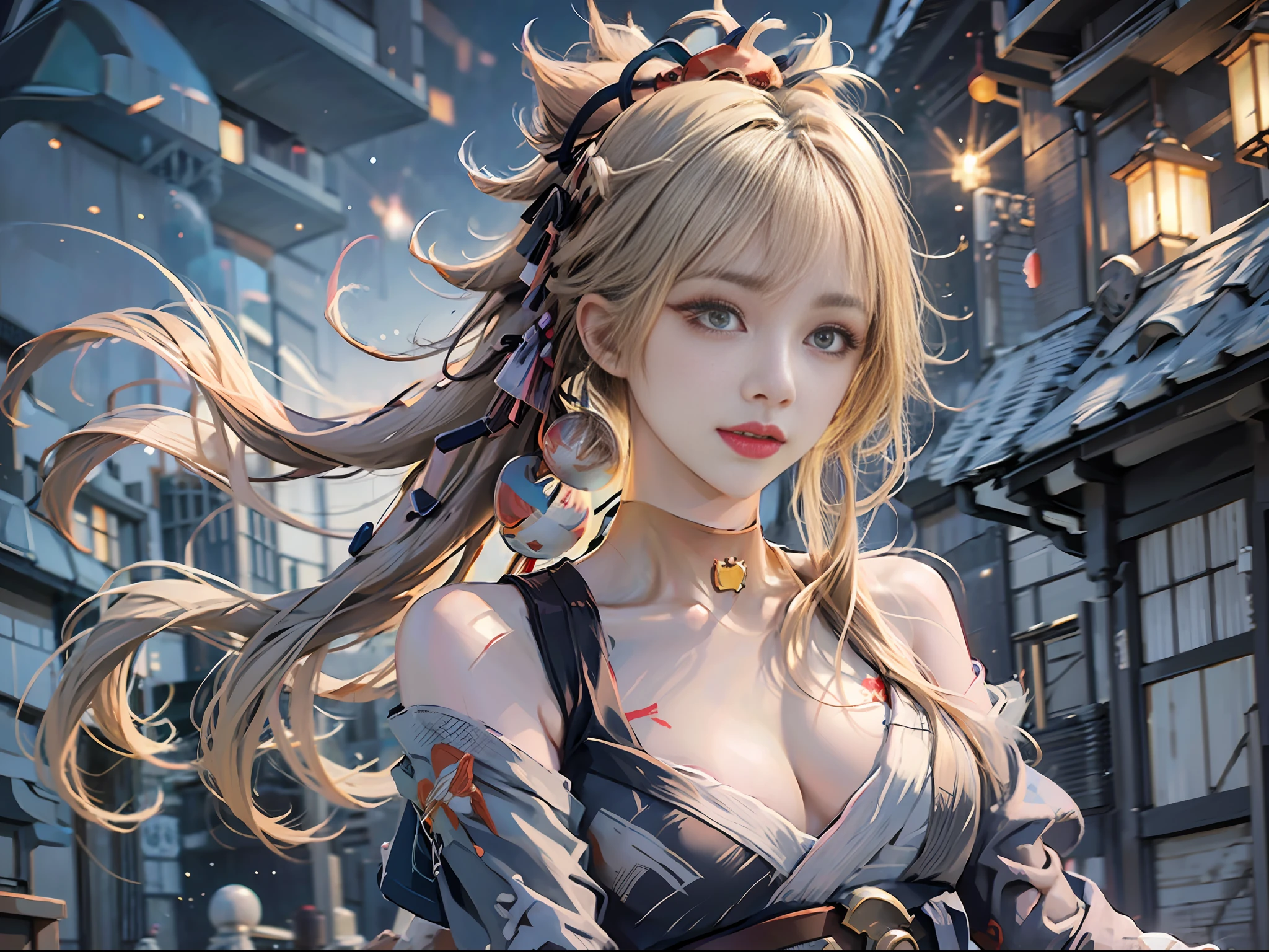 8k, highres, best quality, high details, masterpiece, textured skin, retina,photorealistic
1 Girl, Solo, Chat, Laughter, Friendship, (NSFW: 0.85), Outdoor, Late Night, Fireworks, Field, Country, Starry Sky
(elegant calm, evocative atmosphere, magnetic presence, delicate seduction, charming mystery: 0.9), 1girl, blonde, medium hair, asymmetric hair, floating hair, hair between eyes, high ponytail, side hair, hair accessories, fish hair ornaments, tassels, kanzashi, bangs, orange eyes, open mouth, smile, collar, red collar, pendant collar, butterfly collar, collarbone, tattoo, chest tattoo, flower tattoo, cleavage, medium breast, thigh, bandage, bandage leg, sarashi, budget sarashi, chest sarashi, black belt, hadanugi dousa, houkisei, japanese clothing, kimono, kinchaku, obi, obiage, obijime, orange kimono, pouch, printed kimono, rope, belt, shimenawa, short kimono, single bare shoulder, genshin impact, perfect body, japanese, sexy, Glowing eyes, upper body