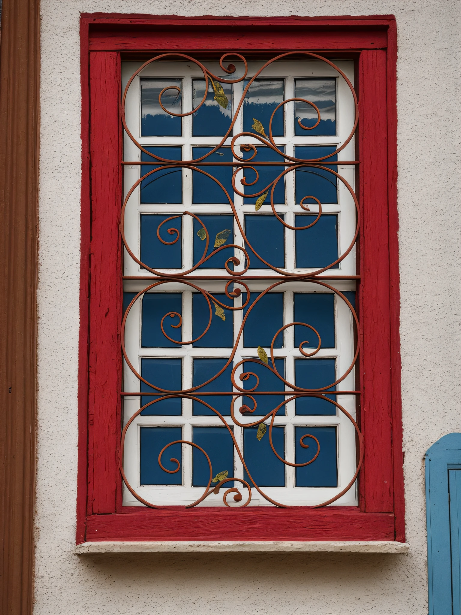 There is a window with a decorative iron design on it, window in the center, photo of a beautiful window, small ornate windows, window, painted metal and glass, bars on the windows, church window, wide window centered, window, open window, symmetrical detail, house windows, metal framed portal, window (city), highly ornate wrought iron architecture, Miter details in blue color, red border, white wall. --auto --s2