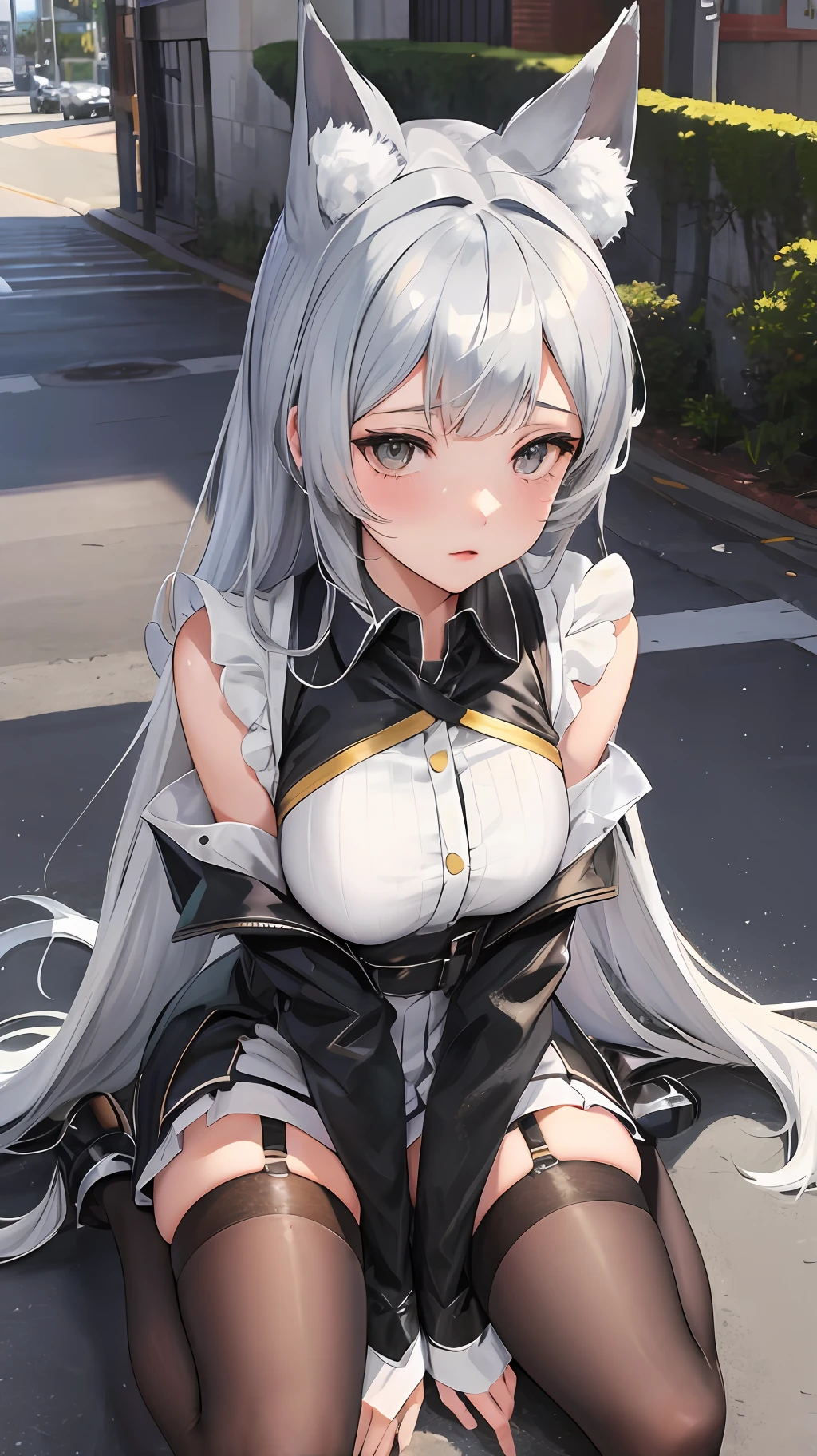 Anime girl sitting on the street, short silver-gray hair, cat ears on her head, wearing JK, white stockings, from Girl Front, Girl Front style, exquisite details. Girl Front, Trend in CGSTATION, Kantai Collection Style, Gutiz Style Artwork, Gooditz, Trend in CGSTATION, Surreal Schoolgirl, Azure Lane Style, Girl Frontline CG, Seductive Anime Girl