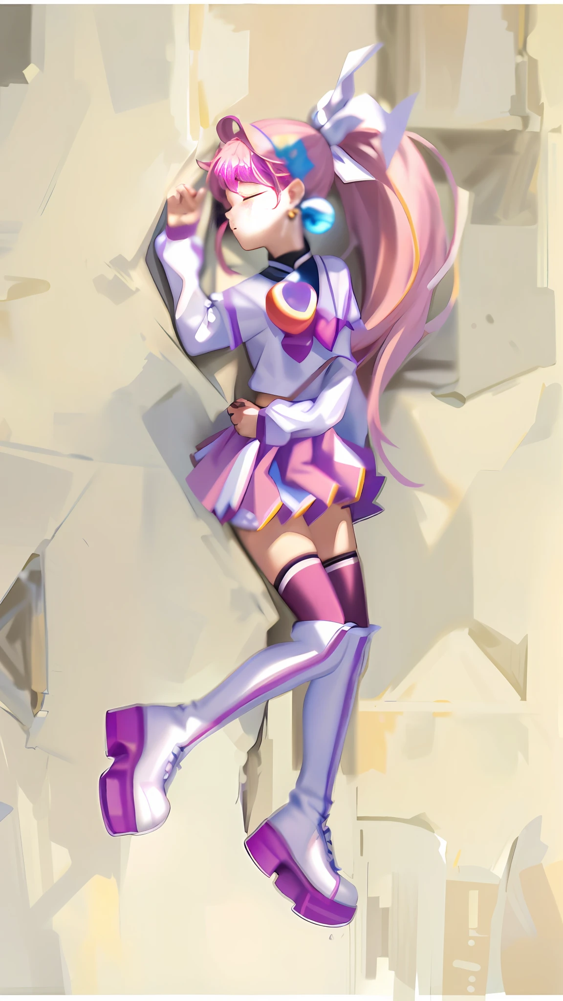 (Masterpiece: 1.5), (Best quality: 1.5), 8k,1 girl, closed eyes, pink hair, single ponytail, white top, pink pleated skirt, pink over-the-knee socks, white long boots, sapphire earrings, simple background, left hand at abdomen
