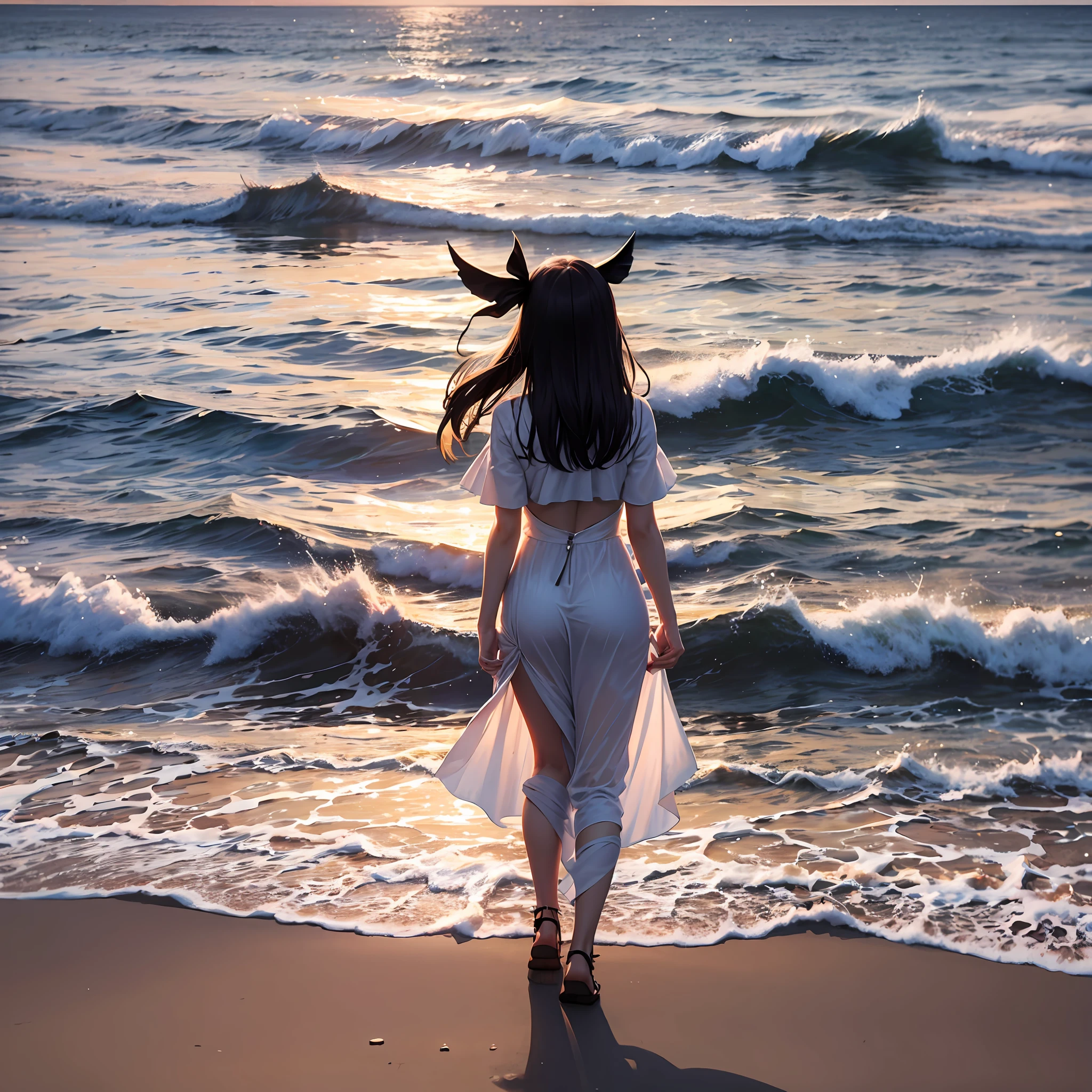 sunset by the ocean on the beach,young good loking woman in the fancy dress looks at the ocean and out the ocean comes out her shadow and goes toward her,4K --auto --s2