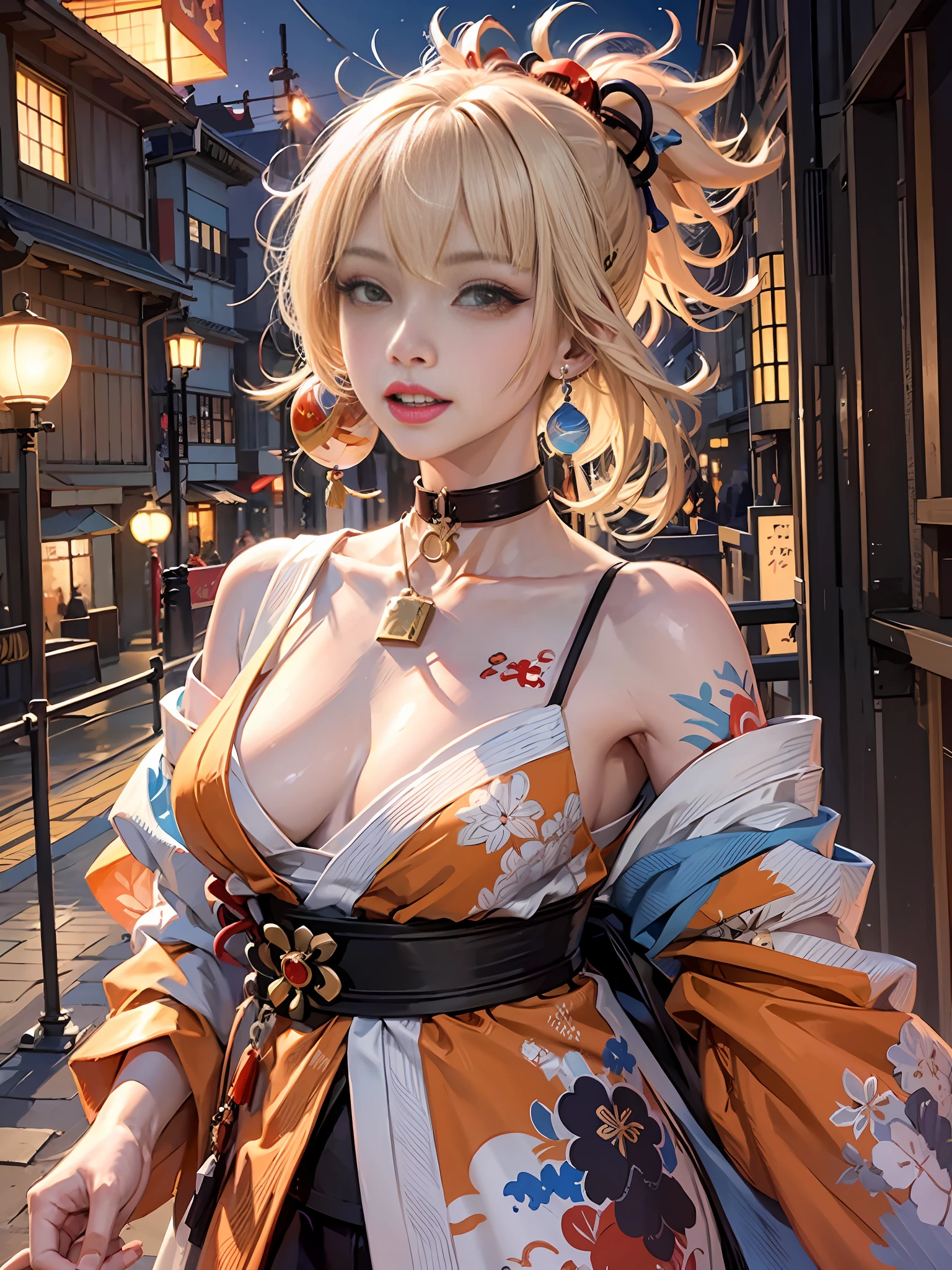 8k, highres, best quality, high details, masterpiece, textured skin, retina，
1 Girl, Solo, Coffee Shop, Chat, Laughter, Friendship, (NSFW:0.85), Outdoor, Late Night, Fireworks
(elegant calm, evocative atmosphere, magnetic presence, delicate seduction, charming mystery: 0.9), 1girl, blonde hair, medium hair, asymmetric hair, floating hair, hair between eyes, high ponytail, side hair, hair accessories, fish hair accessories, tassels, kanzashi, bangs, orange eyes, open mouth, smile, teeth, upper teeth only, collar, red collar, pendant collar, butterfly collar, collarbone, tattoo, chest tattoo, flower tattoo, cleavage, medium breasts, thighs, bandage, bandage leg, sarashi, budget sarashi, chest sarashi, black belt, hadanugi dousa, houkisei, japanese clothing, kimono, kinchaku, obi, obiage, obijime, orange kimono, pouch, printed kimono, rope, belt, shimenawa, short kimono, single bare shoulder, vision (genshin impact), perfect figure, japanese