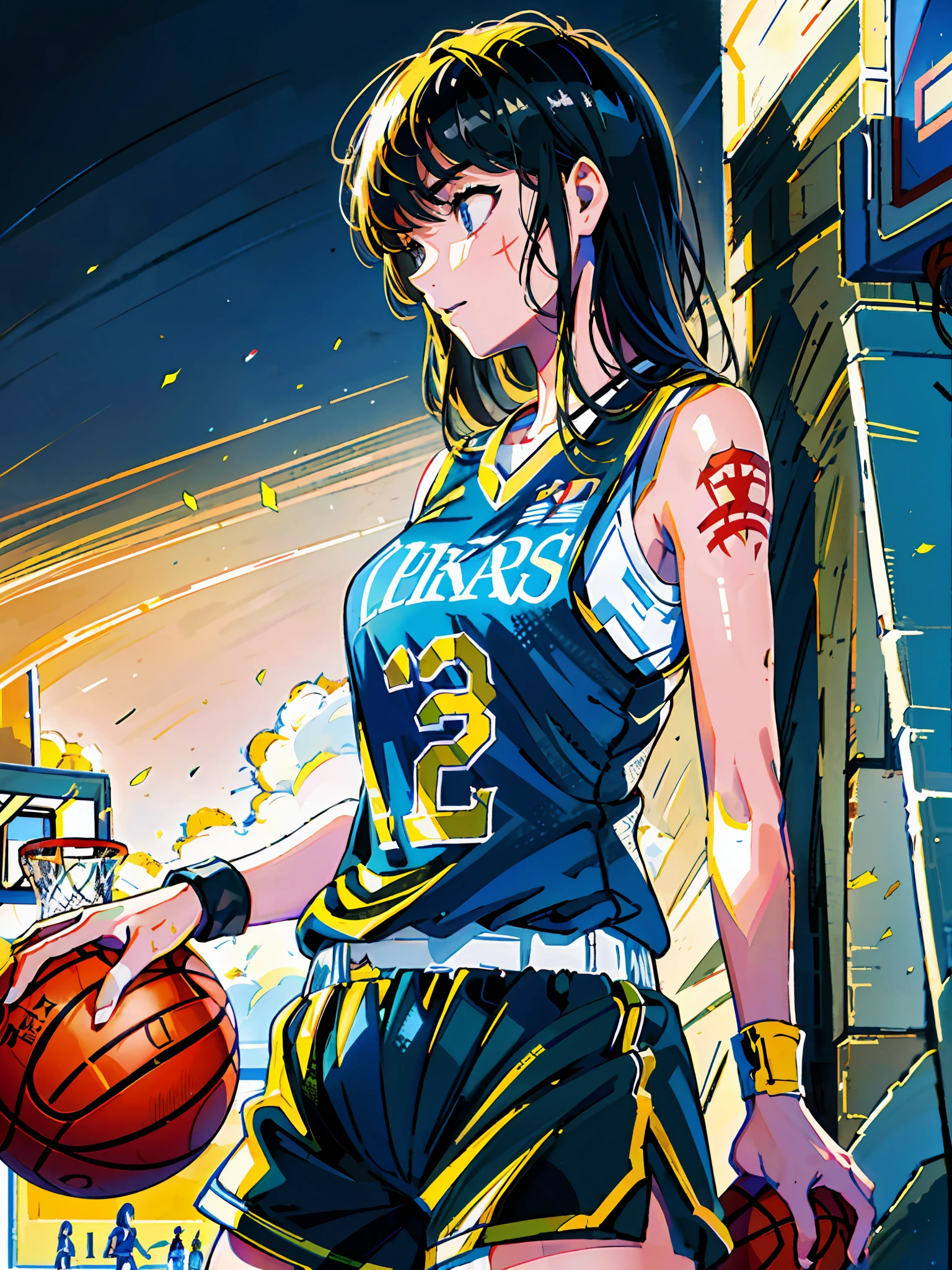 1girl, (solo:1.2), ((masterpiece)), (shadow), [slim], (small breasts), (thick lines), ((sharp focus)), focused, pale skin, ((detailed eyes)), (basketball uniform:1.3), armpits, exterior, basketball court, ring, black hair, ((long hair)), scars on face, (sweat), wristbands, shorts, bare arms