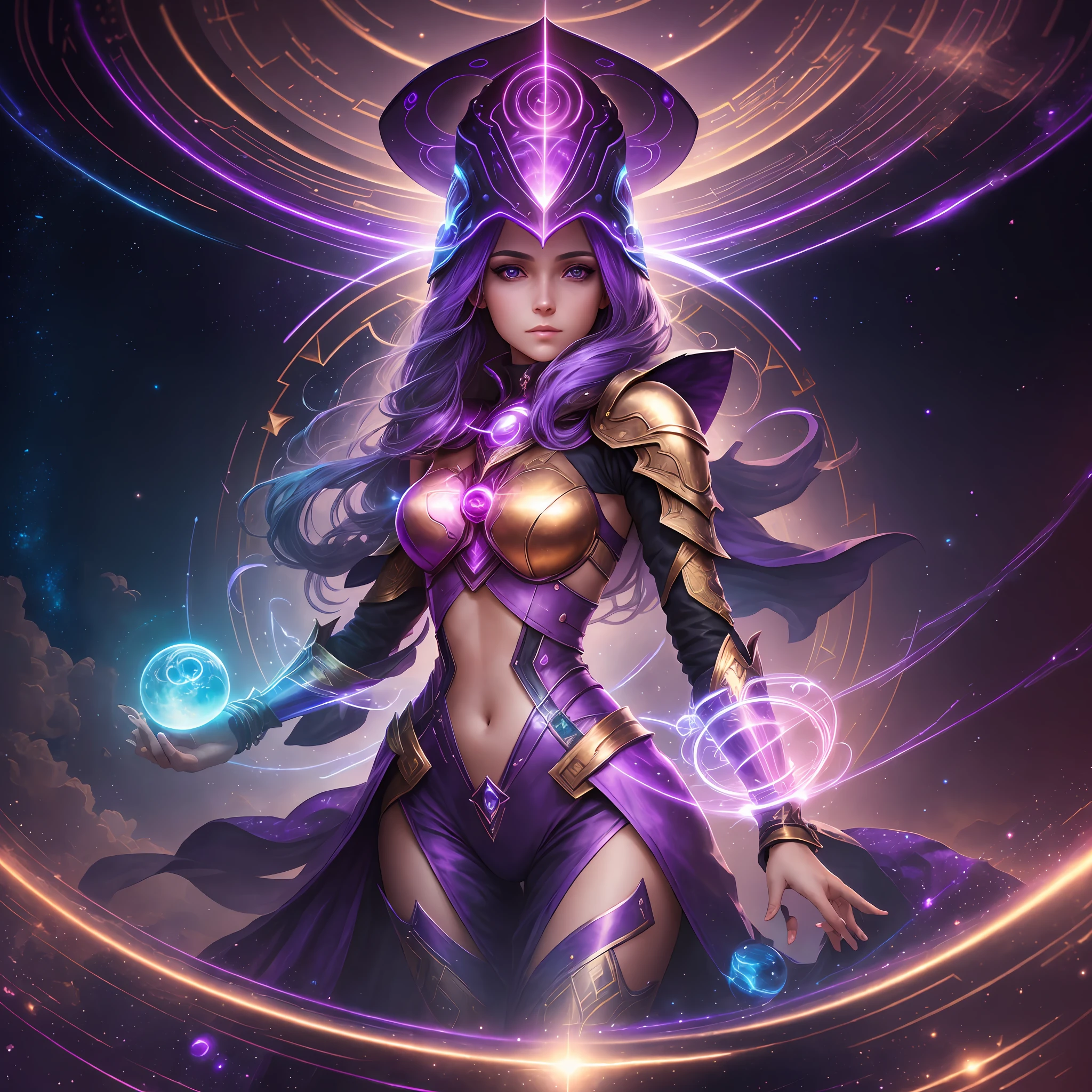 1 girl, sorceress, with futuristic outfit and helmet in purple tones and golden details, shoulder length and blue hair, full body, perfect hands, in the hands there is a vortex orb, galactic background, realistic, 4k, ultra detailed, photo realism, --auto --s2