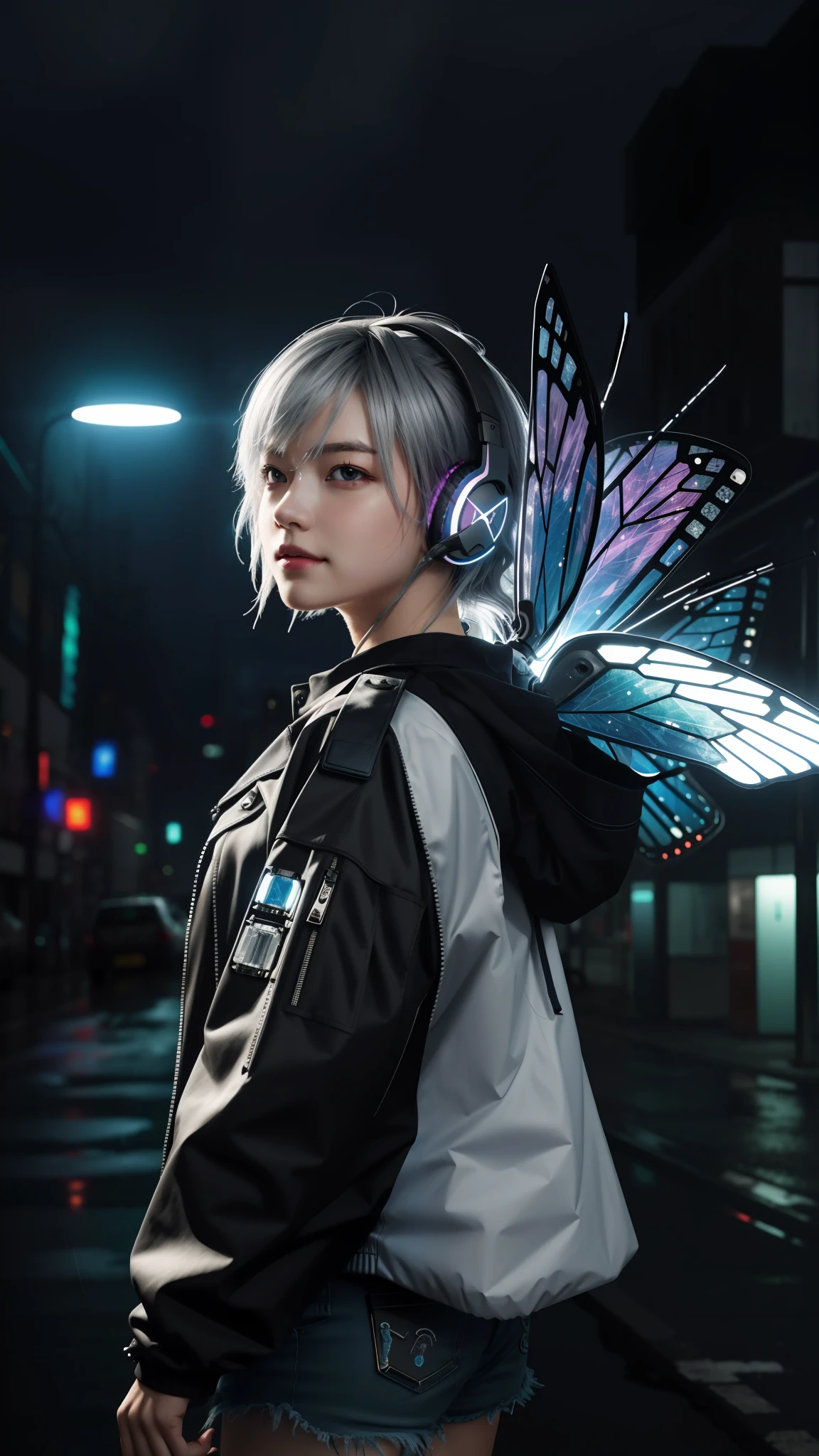 chromatic aberration, depth of field, soft lighting, masterpiece, highest quality, complex, tone mapping, highly detailed, artstation, concept art, smooth, sharp focus, dramatic lighting, highly detailed artwork, cinematic, hyper-realistic painting, artstation trends, 8k, incredible shadows, realistic (highly detailed background : 1.0), a highly detailed portrait of a girl standing on the corner of a street during a rainstorm with lightning strikes and cloudy sky, neon and cyberpunk background, she is dressed in punk clothes. With silver chains and silver spikes, she has butterfly wings hair clips on her wild hair. She wears headphones and a tie, and has petite, detailed, shining red eyes and distinct pupils, a halo of ominous aura, a smile, a puncture, a cyberpunk, and a backlight.