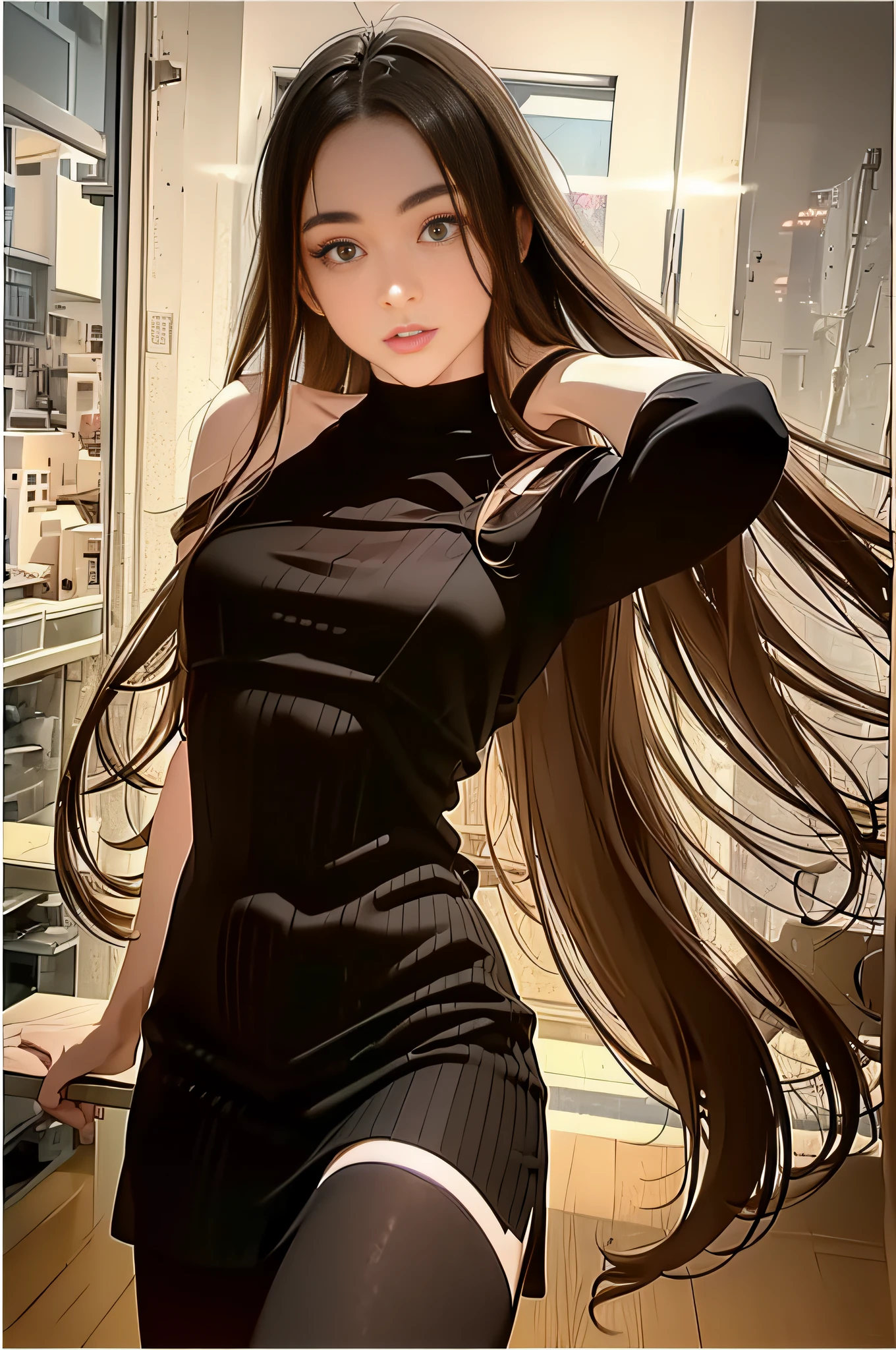1 Full shot,girl, dasha, portrait photography, beautiful young woman with transparent western tunic dress,long_hair, realistic, eyes visible through hair, proper eye position, natural skin, backlight, cinematic light, rim light, soft light , hips, in night time, city side background, detailed color graded background, intricate , highly detail, octane render,HDR, HD, 8k, by Annie Leibovitz