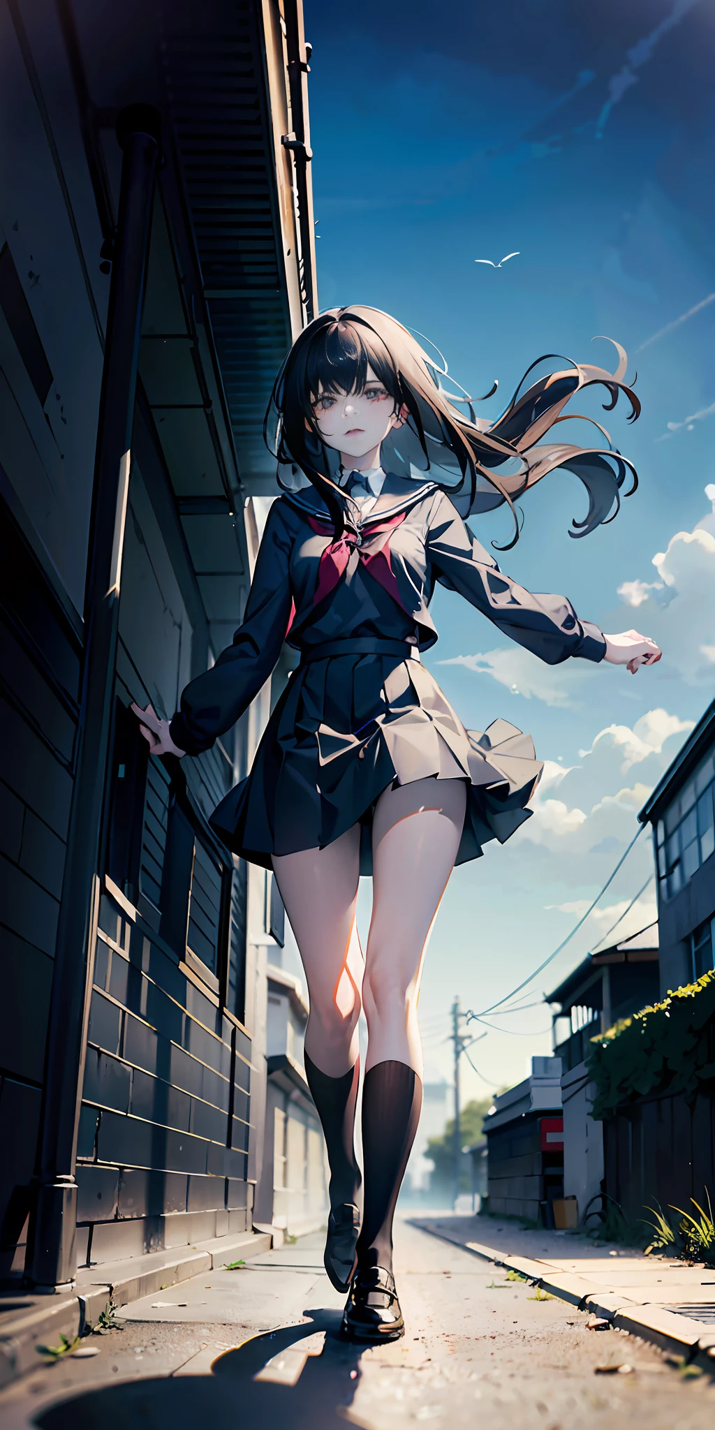 1girl, (solo:1.2), ((masterpiece)), (shadow), [slim], (small breasts), ((sharp focus)), pale skin, ((detailed eyes)), (blurry background), (school uniform), exterior, black hair, ((long hair)), scars on face, (sweat), black hair, low shot, walking, sky