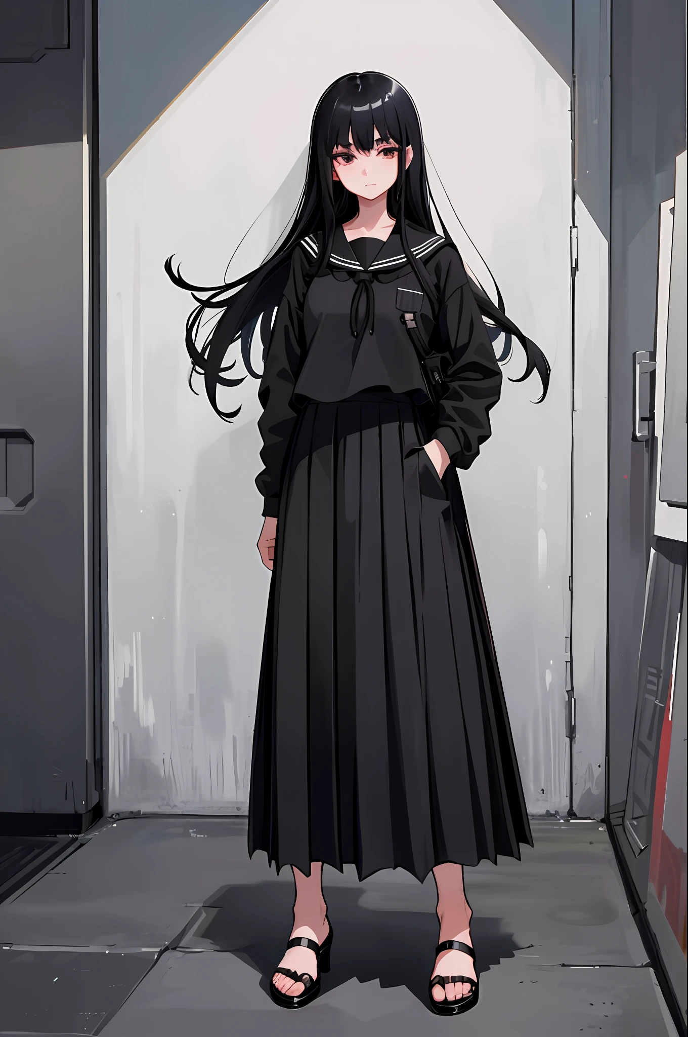 One girl, long black hair, black sailor suit, pleated skirt (maxi skirt 1.3), standing with her hands in her pockets and her body at an angle of about 45 degrees, sharp eyes, long eyelashes, flimsy student bag hanging from her hands, crushed heels, dark eyeliner,