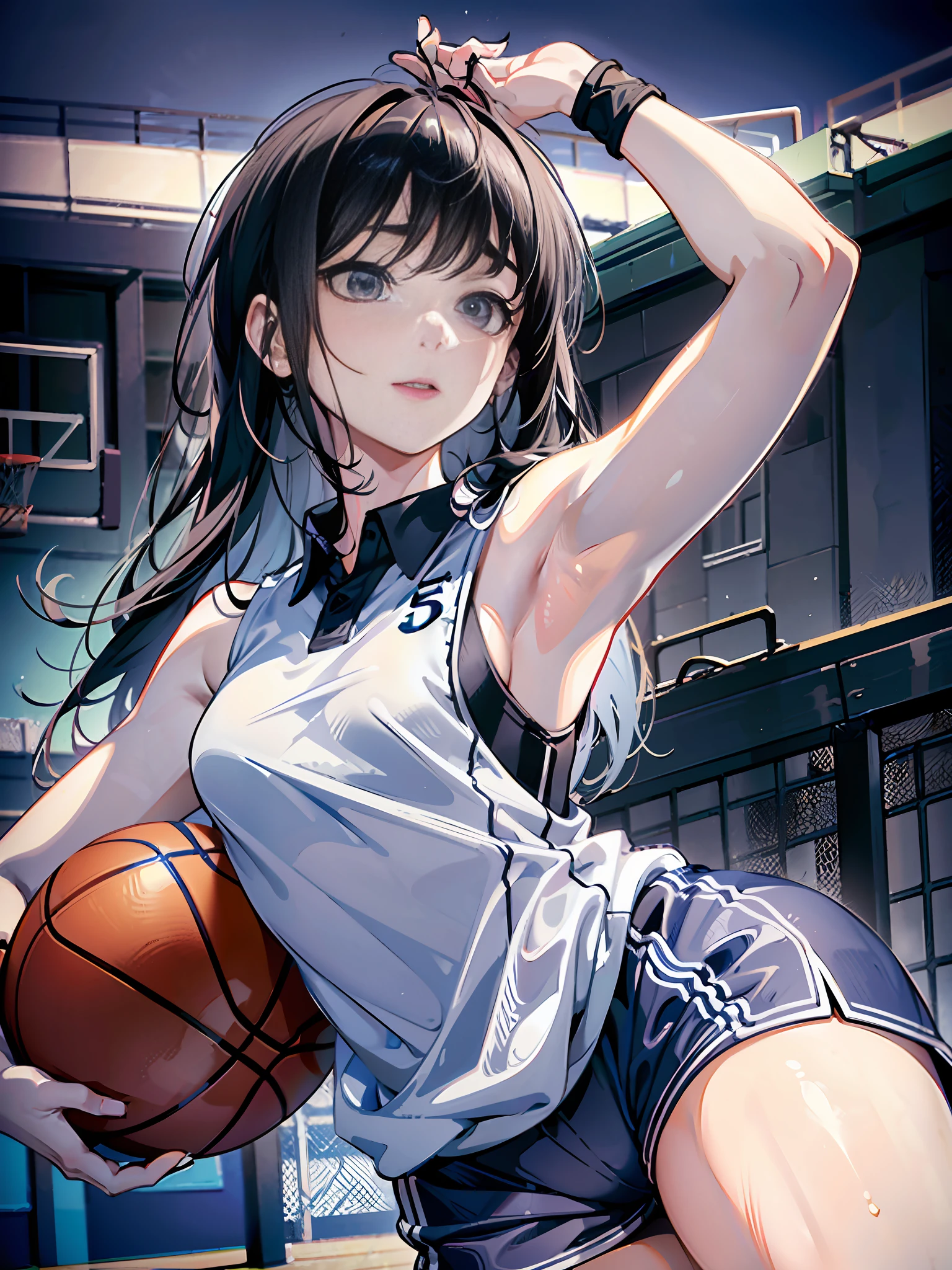 1girl, (solo:1.2), ((masterpiece)), (shadow), [slim], (small breasts), (thick lines), ((sharp focus)), focused, pale skin, ((detailed eyes)), (basketball uniform:1.3), armpits, exterior, basketball court, ring, black hair, ((long hair)), scars on face, (sweat), wristbands, shorts, bare arms