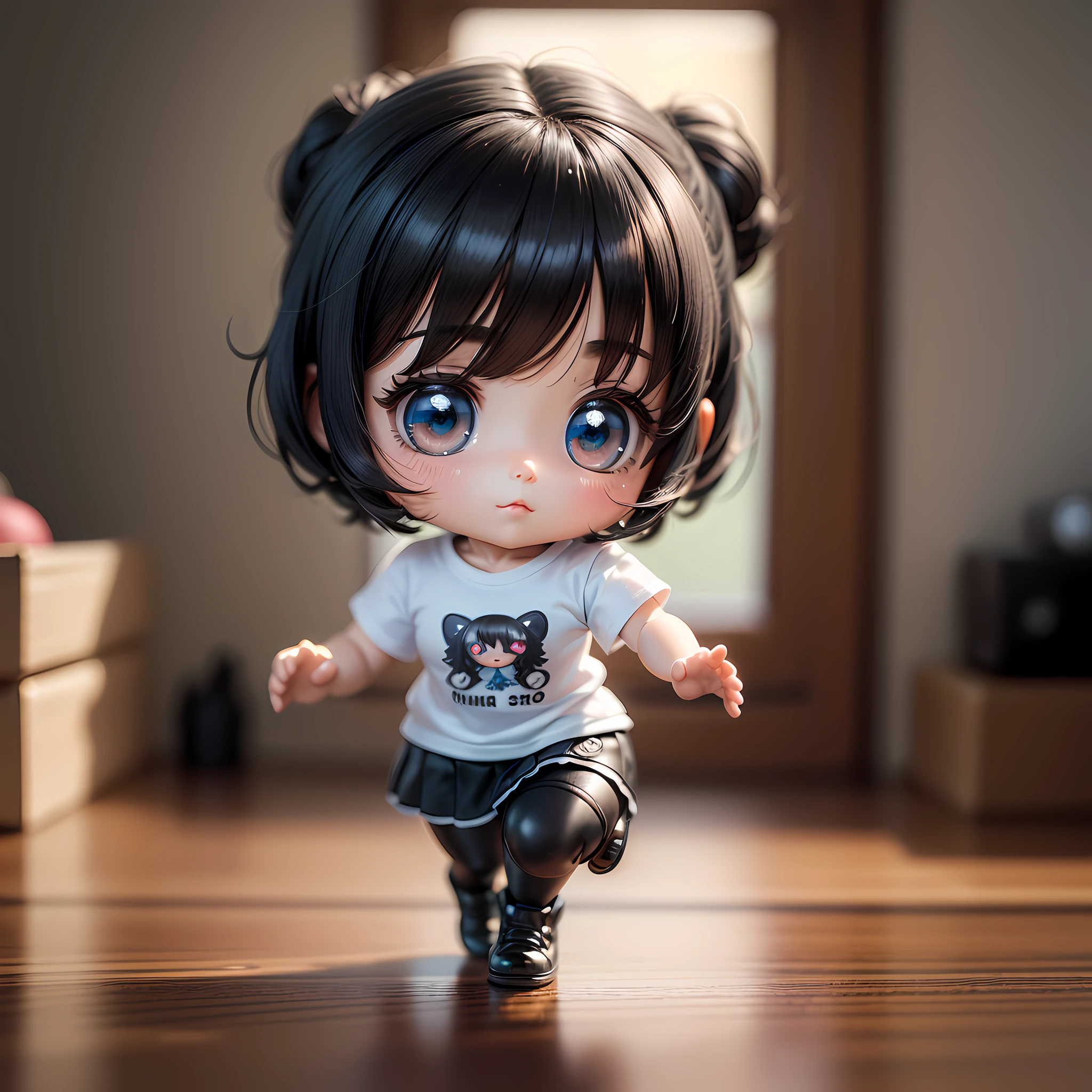 (Masterpiece), (Best Quality), (Highest Detail), (Full Body: 1.2), (Chibi), Moe Girl, 3D, Q Version, Short Black Hair, Girly, Light and Shadow, Female, Girl, Tide Play Blind Box, Q Version Characters, Figures, Dolls, Watery Big Eyes, Laughter, Short Hair, Black Hair, T-Shirt, Black Leggings, Indoor, Background Light, Natural Light, Cinematic Light, Best Image Quality, Higher Quality, High Detail, Ultra High Resolution, 8K Resolution, Delicate Facial Features, Perfect Face --auto --s2