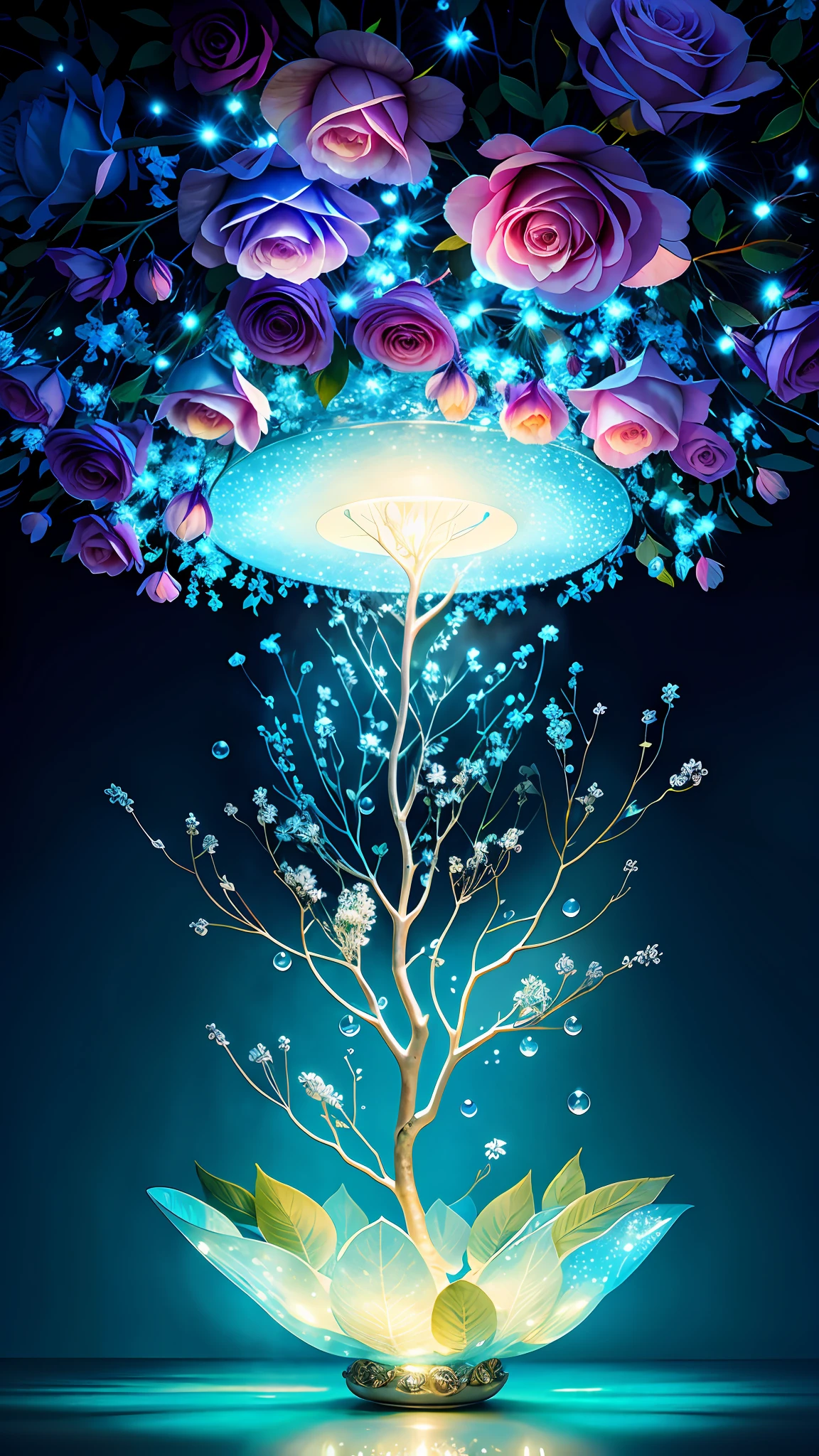 Delicate branches of roses, ultra-transparent, holy light, beautiful spectral light, petals glowing, pale blue leaves, shimmering, surrounded by light mist, transparent droplets, reflected light, bright, light flowing in, optics, portrait silhouette, sharp focus, magical, intricate, surrealism, fantasy, composition, light, trends on artstation, pearls, water drops, patron clouds of silver vapor, corrosion enveloping ray family, 8k, ureal ar 23v4 uplight