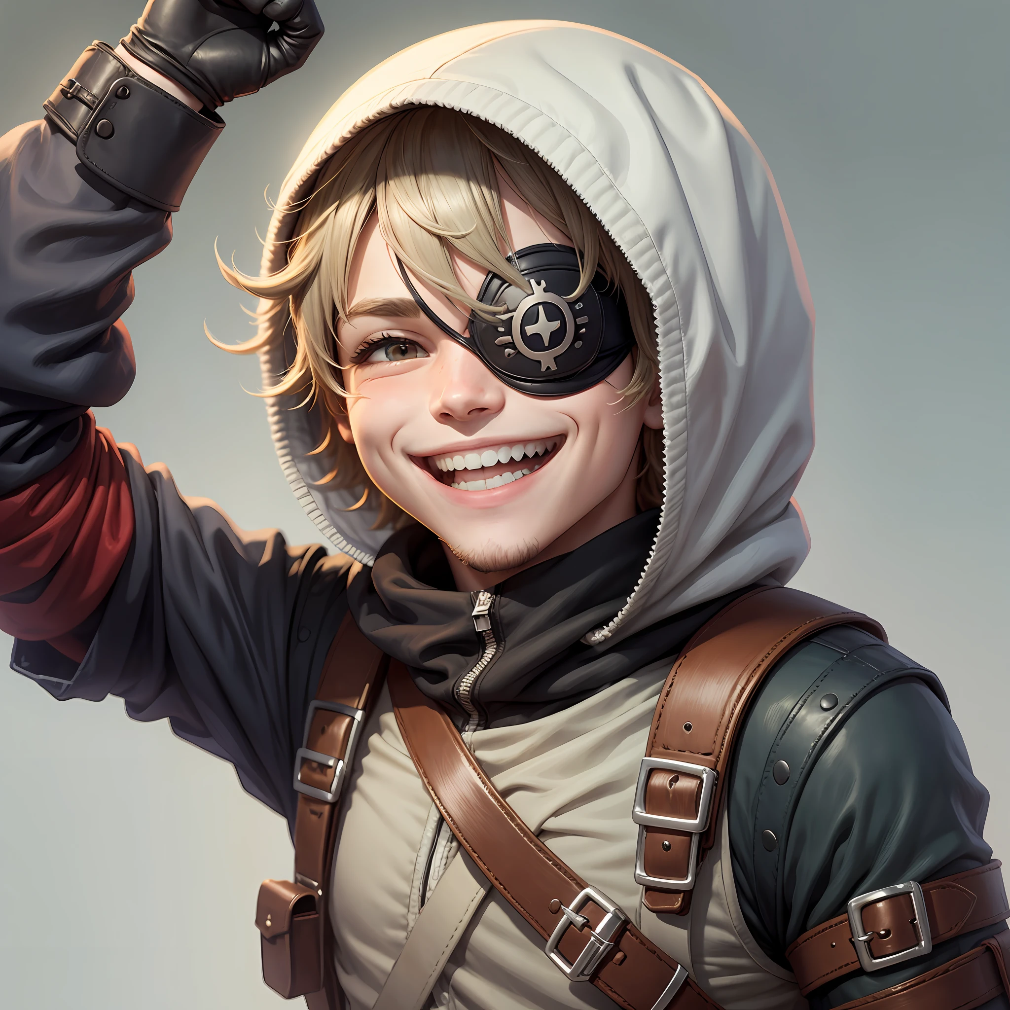 balaclava character boy smiling and laughing, with eyepatch --auto --s2