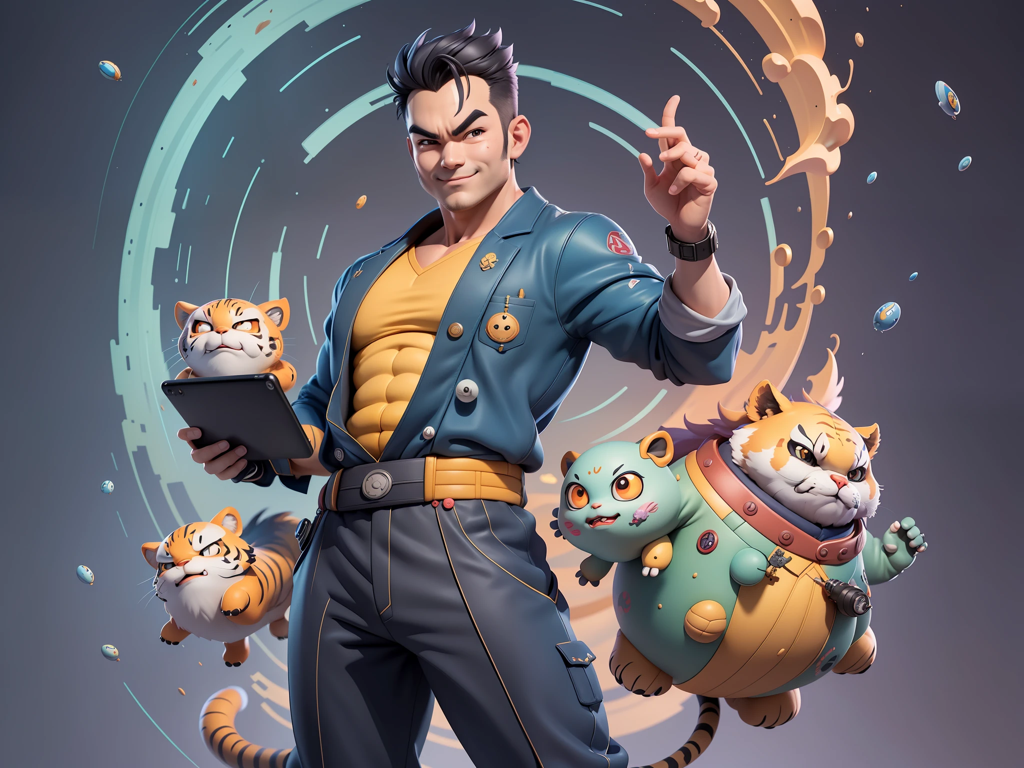 (Masterpiece), (Excellent), (Super Meticulous), (Full Body: 1.2), Super Young Man, Oriental Face, Japanese Wind and Thunder, Dragon, Tiger, TV Anchor, Bust Portrait Illustration, Alone, Black Suit, Blue Tie, Slightly Chubby Face, Very Clean Face, No Beard, Black Super Short Hair, Black Eyes, Confident Smile, 3c Computer Sub-Products, iPad, iPhone, Digital Painting, 3D Character Design by Akira Toriyama and Mark Claireden and Pixar and Hayao Miyazaki, The illustration is a high-definition illustration in 4K resolution with very detailed facial features and cartoon-style visuals.