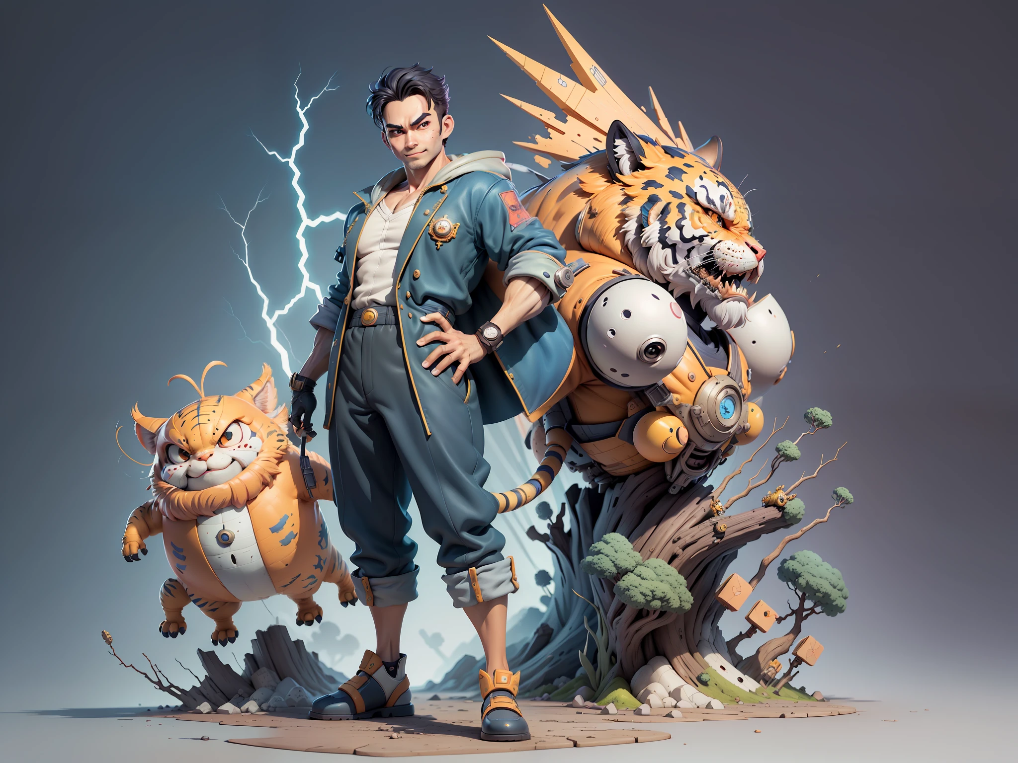 (Masterpiece), (Excellent), (Super Meticulous), (Full Body: 1.2), Super Young Man, Oriental Face, Japanese Wind and Thunder, Dragon, Tiger, TV Anchor, Bust Portrait Illustration, Alone, Black Suit, Blue Tie, Slightly Chubby Face, Very Clean Face, No Beard, Black Super Short Hair, Black Eyes, Confident Smile, 3c Computer Sub-Products, iPad, iPhone, Digital Painting, 3D Character Design by Akira Toriyama and Mark Claireden and Pixar and Hayao Miyazaki, The illustration is a high-definition illustration in 4K resolution with very detailed facial features and cartoon-style visuals.