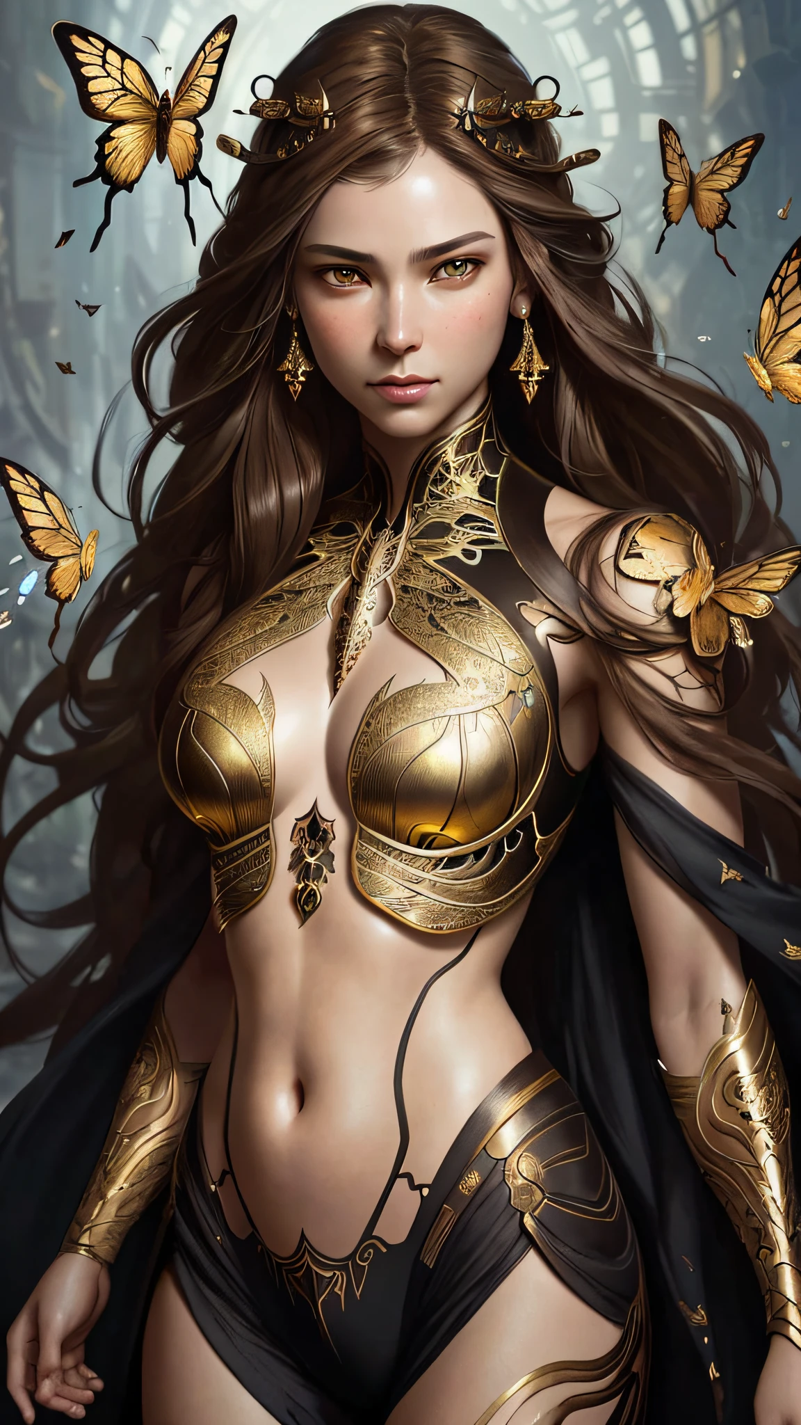 8k portrait of beautiful cyborg with brown hair, intricate, elegant, highly detailed, majestic, digital photography, art by artgerm and ruan jia and greg rutkowski surreal painting gold butterfly filigree, broken glass, (masterpiece, sidelighting, finely detailed beautiful eyes: 1.2), hdr,