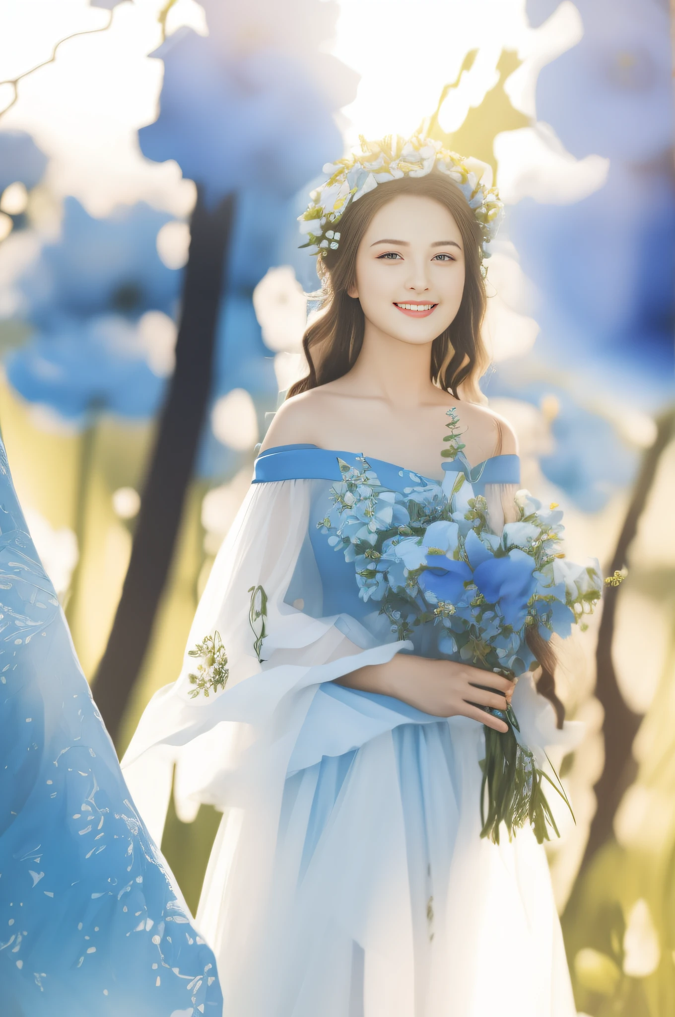Best quality, masterpiece, super high resolution, (realism: 1.4), original photo, 1girl, blue dress, off-the-shoulder, blooming flower field, glowing skin, light smile, face shape restoration