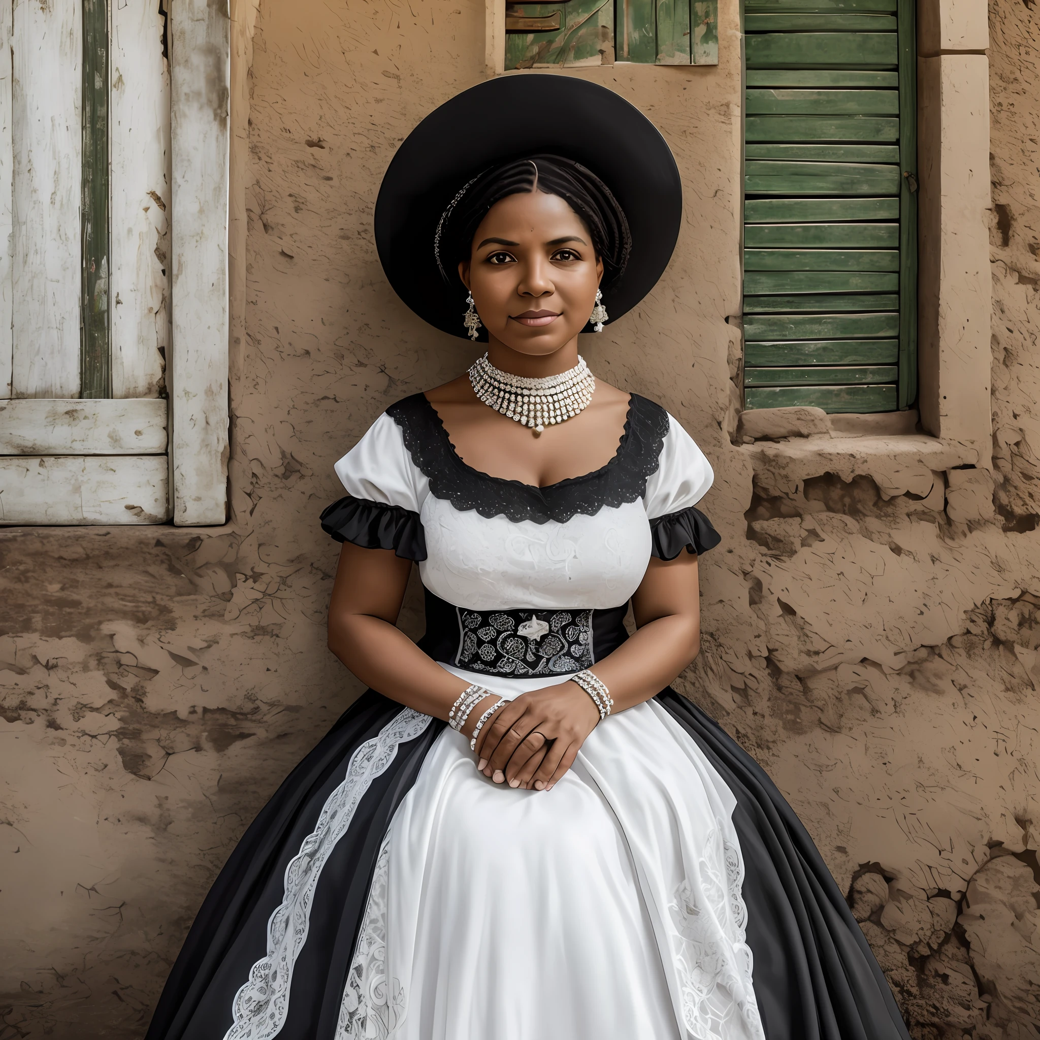 chica da silva, diamantina, colonial period, woman, brazilian, black, black woman, 40 years, white dress with green details, lace, realistc, homage, Francisca da Silva de Oliveira, portrait mode, strong woman --auto --s2