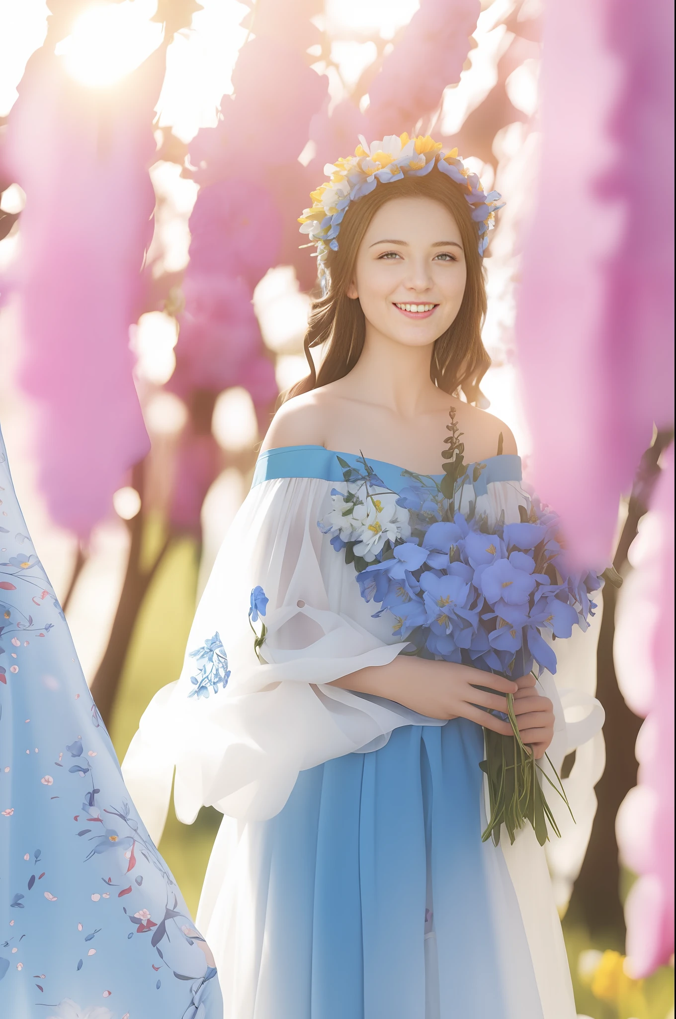 Best quality, masterpiece, super high resolution, (realism: 1.4), original photo, 1girl, blue dress, off-the-shoulder, blooming flower field, glowing skin, light smile, face shape restoration