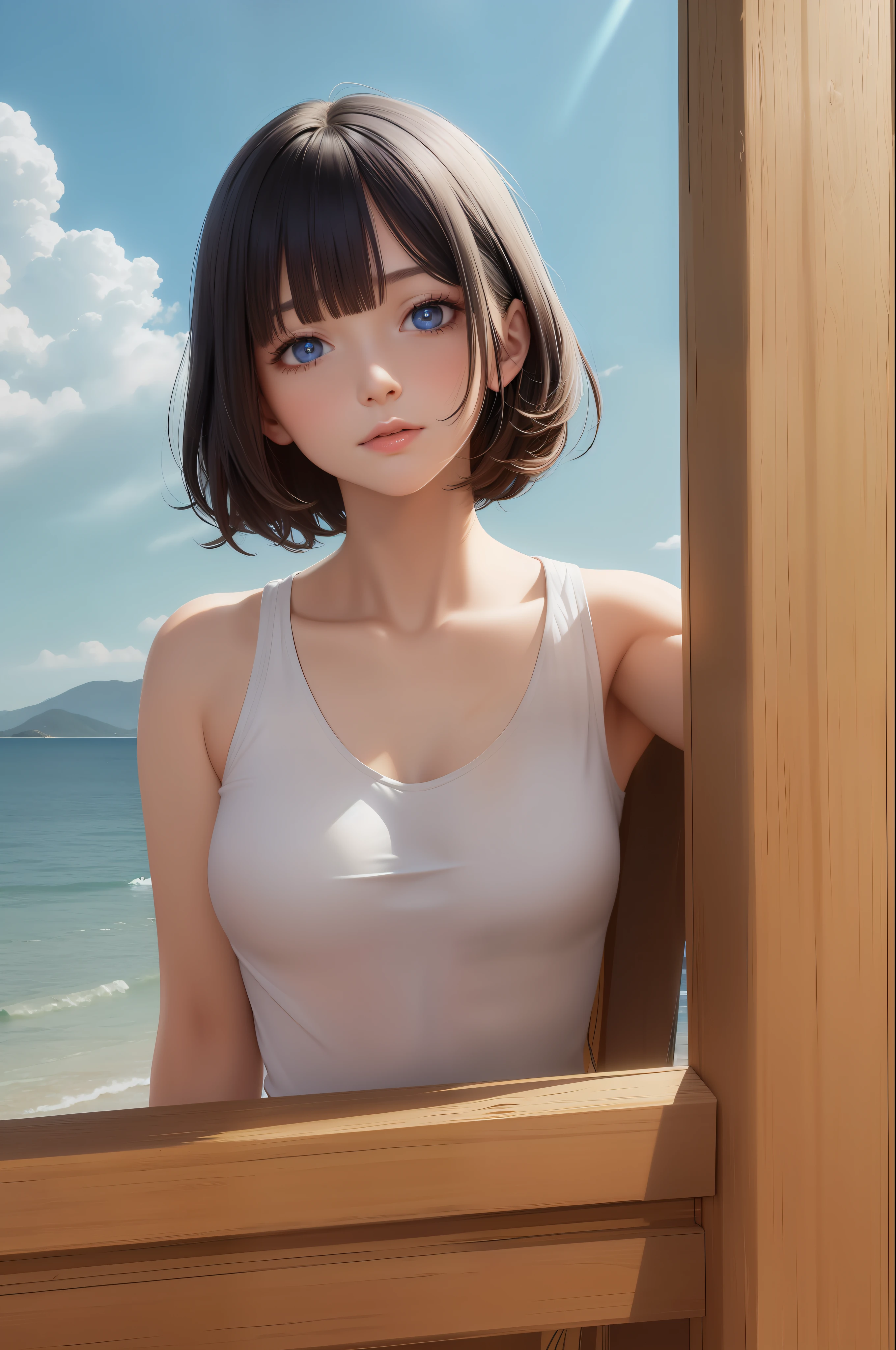 best quality, masterpiece, black hair, blue eyes, looking up, upper body