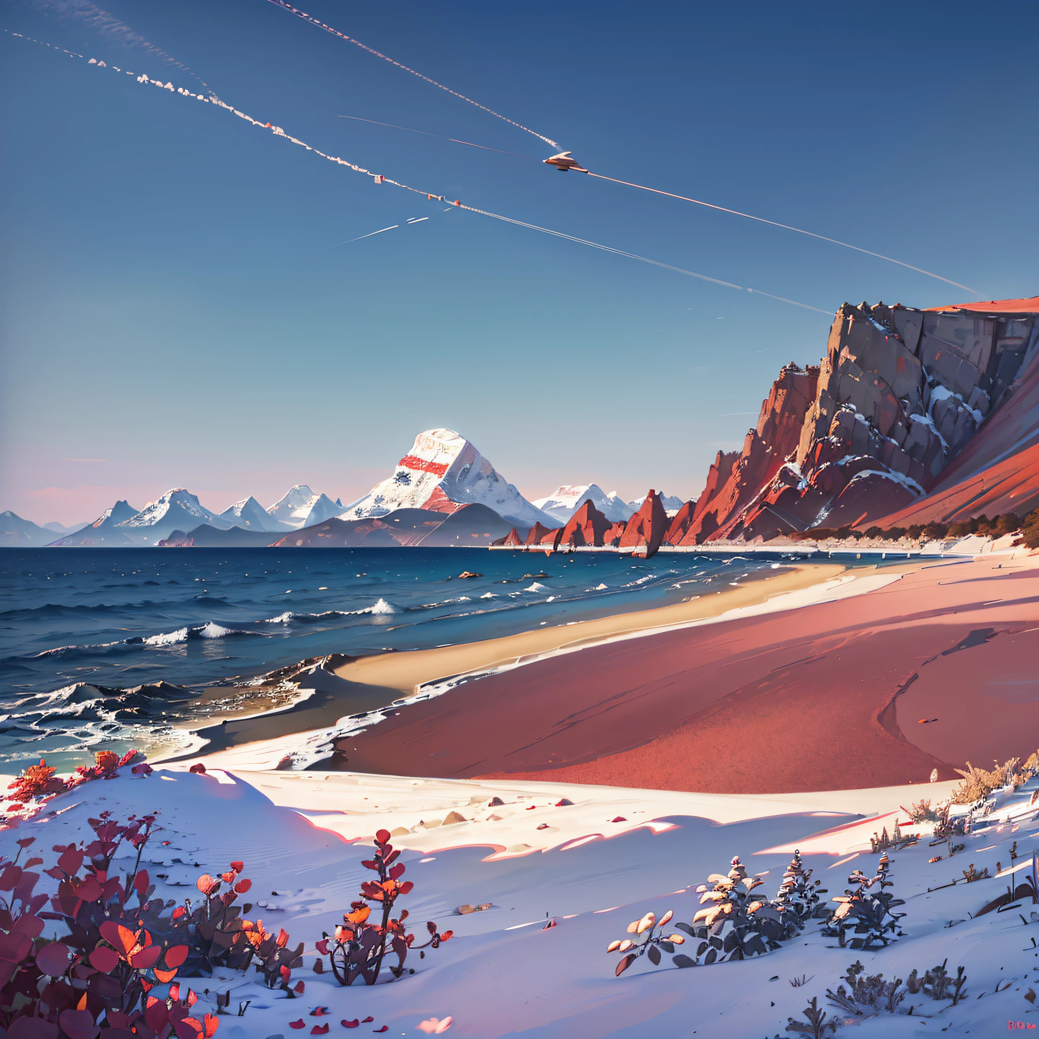 (Style: Realism + Fine Detail), (Scene: Beach), (Close-up: Crater, Black and Red Block), (Vista: Mountains dotted with Red Peaks), (Instrumentation: Silver Beach Table, Purple-red frilled parasol with silver tasseled tassels), (Lighting: Purple Sea Sunset), (Angle: Aerial view of Crater angle), (Mood: Elegant quiet and secluded), (Description: Beach sprinkled with precious gems, Mountains dotted with red peaks in the distance linger on its side, making people feel refreshed.) --auto --s2