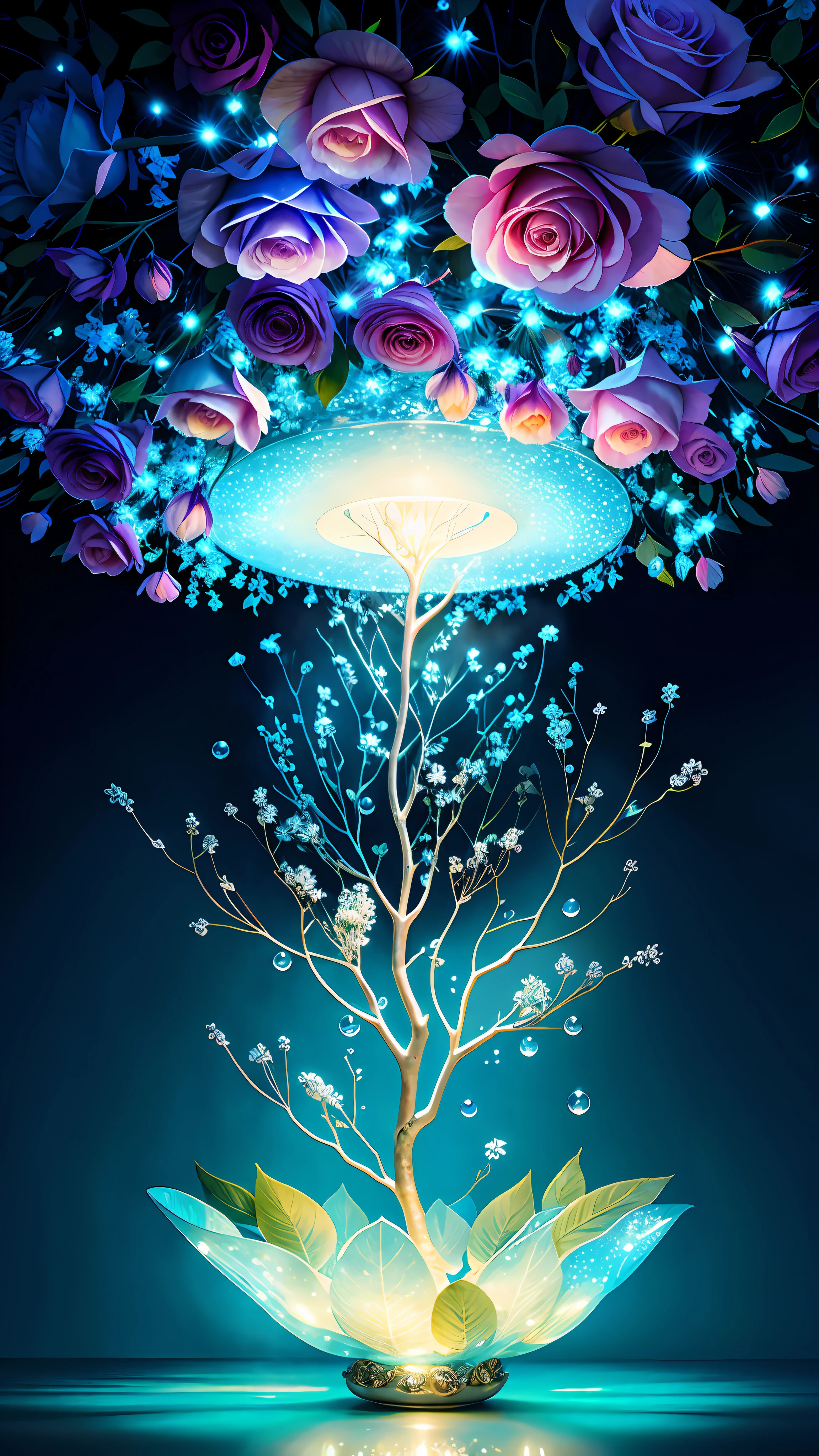 Delicate branches of roses, ultra-transparent, holy light, beautiful spectral light, petals glowing, pale blue leaves, shimmering, surrounded by light mist, transparent droplets, reflected light, bright, light flowing in, optics, portrait silhouette, sharp focus, magical, intricate, surrealism, fantasy, composition, light, trends on artstation, pearls, water drops, patron clouds of silver vapor, corrosion enveloping ray family, 8k, ureal ar 23v4 uplight