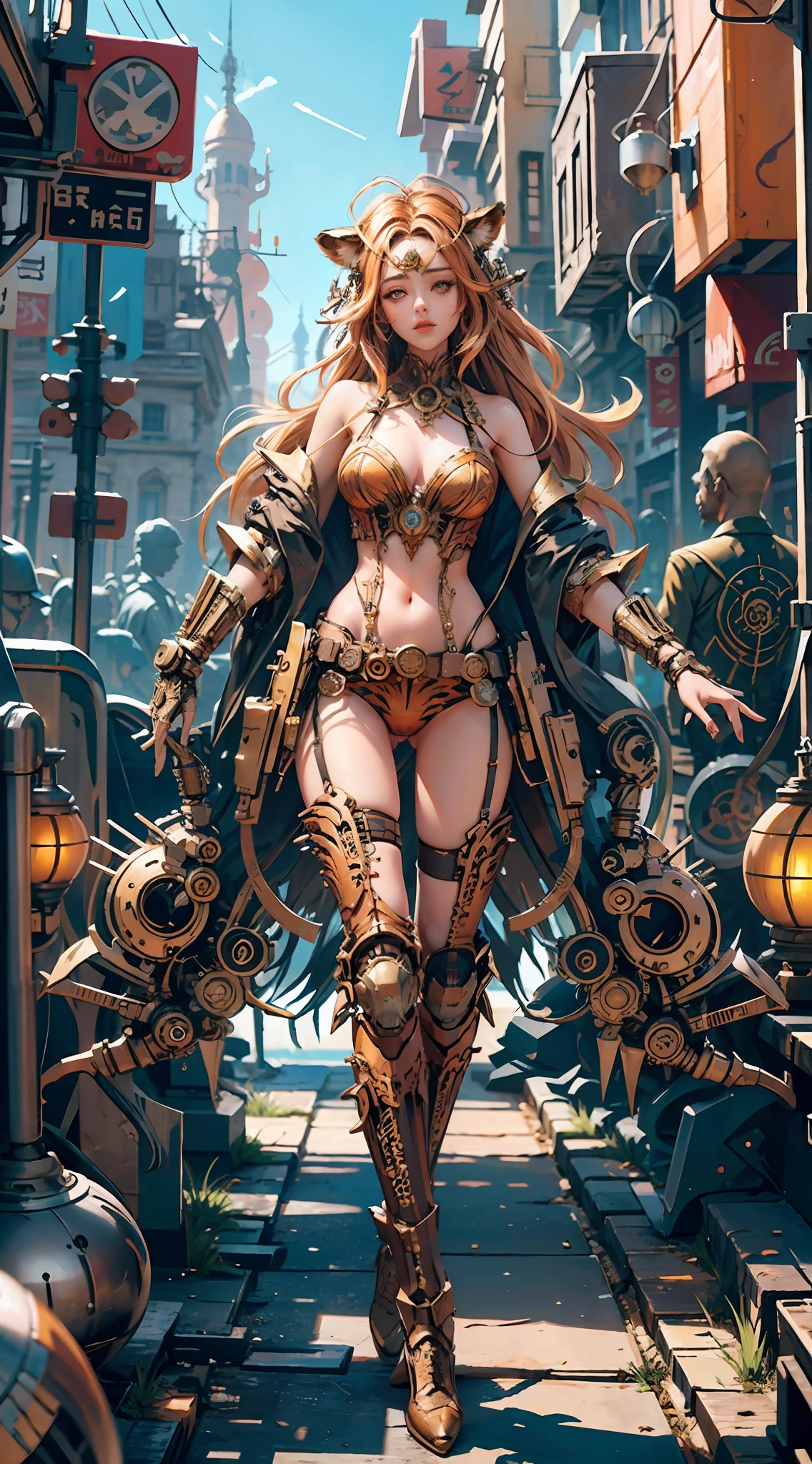 meccog, panorama, full body, best quality, masterpiece, super high resolution, (realism: 1.4), ridiculous, cinema lights, (best vista photos of mechanical girls), 1girl, (Anatomically correct), Tiger pattern decoration on clothes, Full body, Broken [orange: pink: 0.5] theme, (gradient background: 1.1), long hair, (tiger ears), orange eyes, delicate headdress, (koh_amberheard:0.9), extremely detailed face, Fantasy sci-fi creatures, surrealism, steampunk, intricate design, extremely detailed, exquisite details,