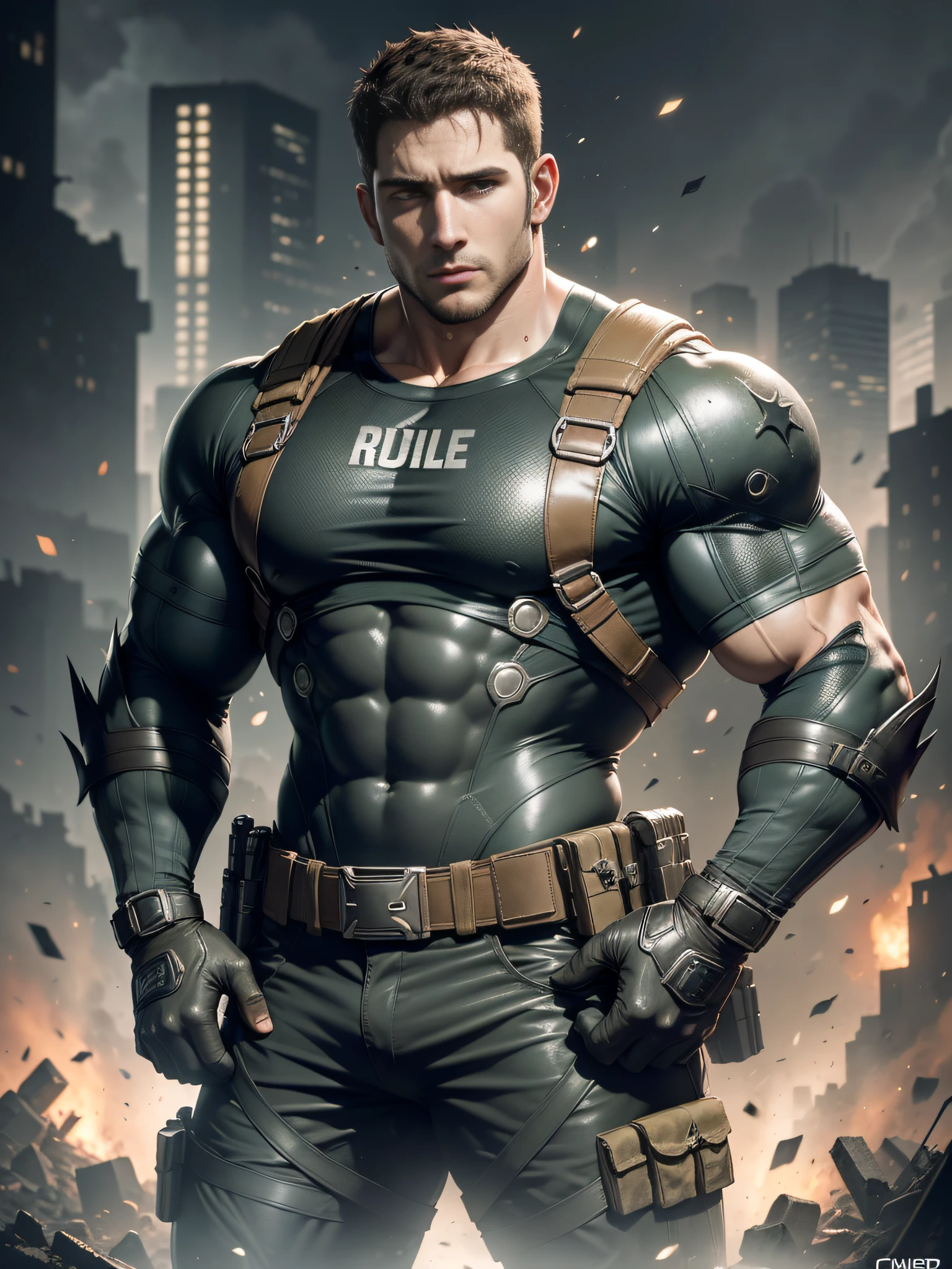 Movie poster, character design (Resident Evil - Chris Redfield, Chris Redfield) wearing a black combat suit, standing alone in the ruins of the apocalypse, with a sad expression, muscle male hero, heroic male pose, tall and burly, muscular! Jewel-like eyes, deep and charming eyes, tall and burly, black combat suit, super buff and cool, high resolution committee, black military boots, attractive strong male, moonlight on the body, lonely