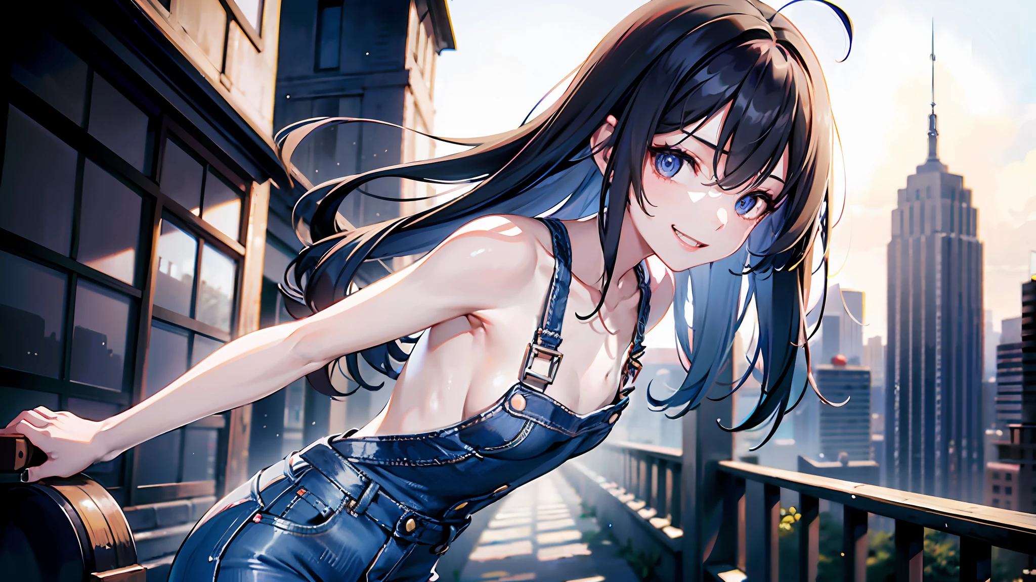 1girl, (solo:1.2), ((masterpiece)), (shadow), [slim], (small breasts), ((sharp focus)), pale skin, ((detailed eyes)), (blurry background), long hair, city, naked (jeans overall), armpits, bare shoulders, bare arms, collarbone, sleeveless, standing, leaning, smiling, cheerful, messy hair