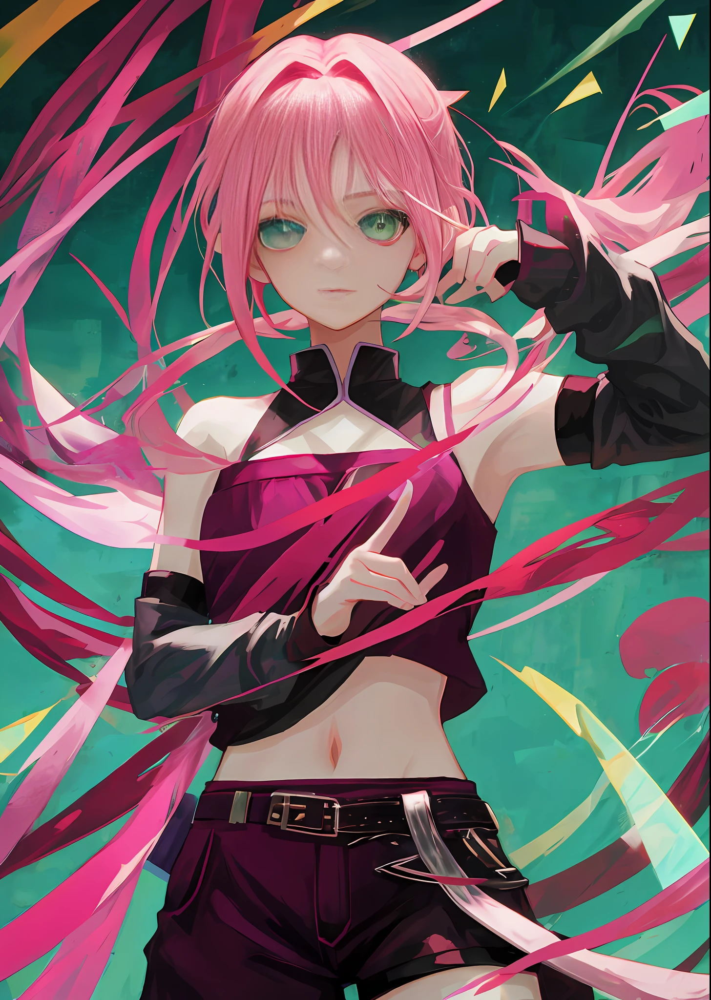 SAKURA HARUNO, with incredible power, byakugou, pink hair, green eyes, elf ears, vampire tooth, black gloves
