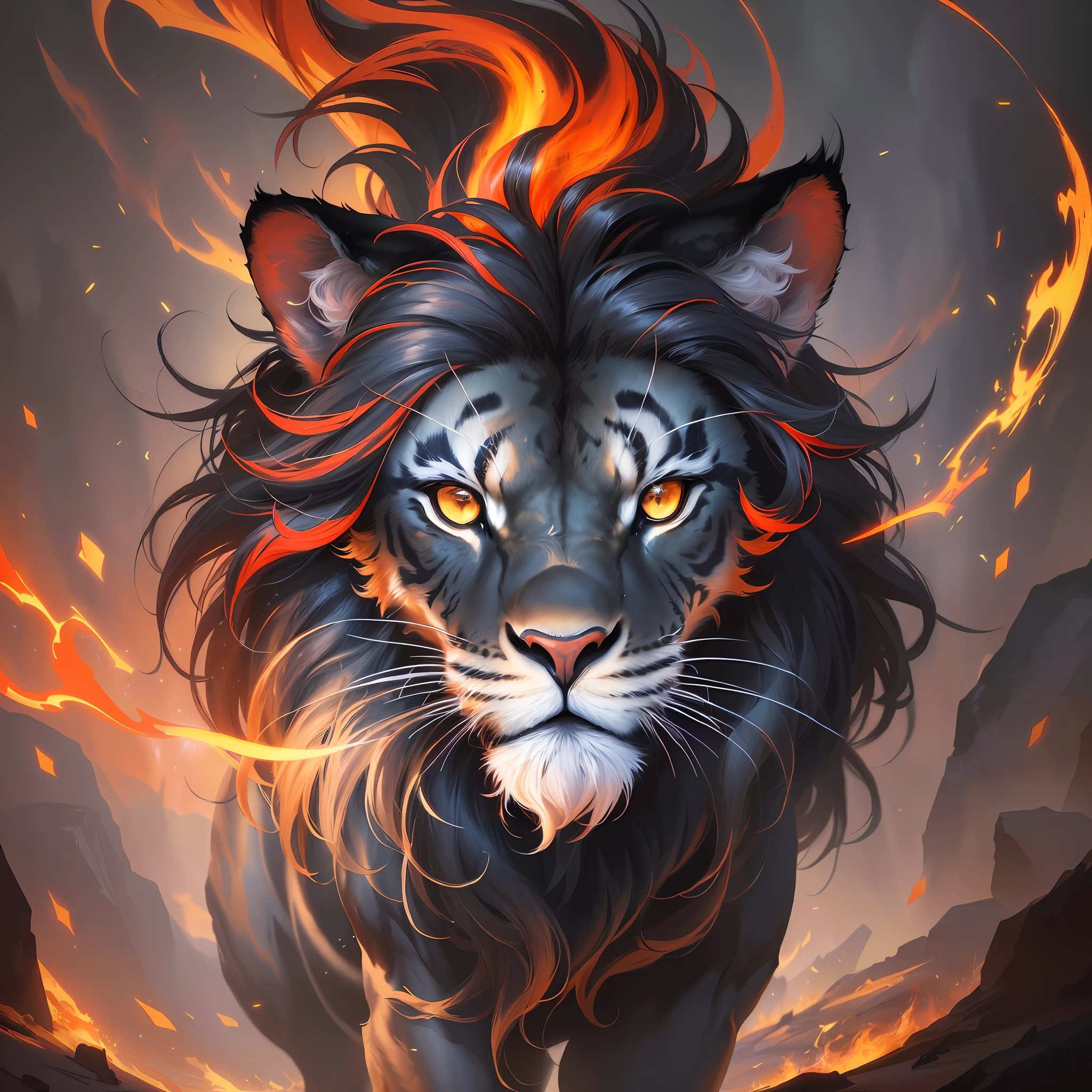 painting of a lion with fire coming out of its eyes, fire lion, fire and flames mane, fierce expression 4k, by Galen Dara, sakimi, epic fantasy art style, tiger of fire flying, by Lisa Nankivil, full art illustration, full art, tiger_beast, epic fantasy digital art style, furry fantasy art, stunning digital illustration