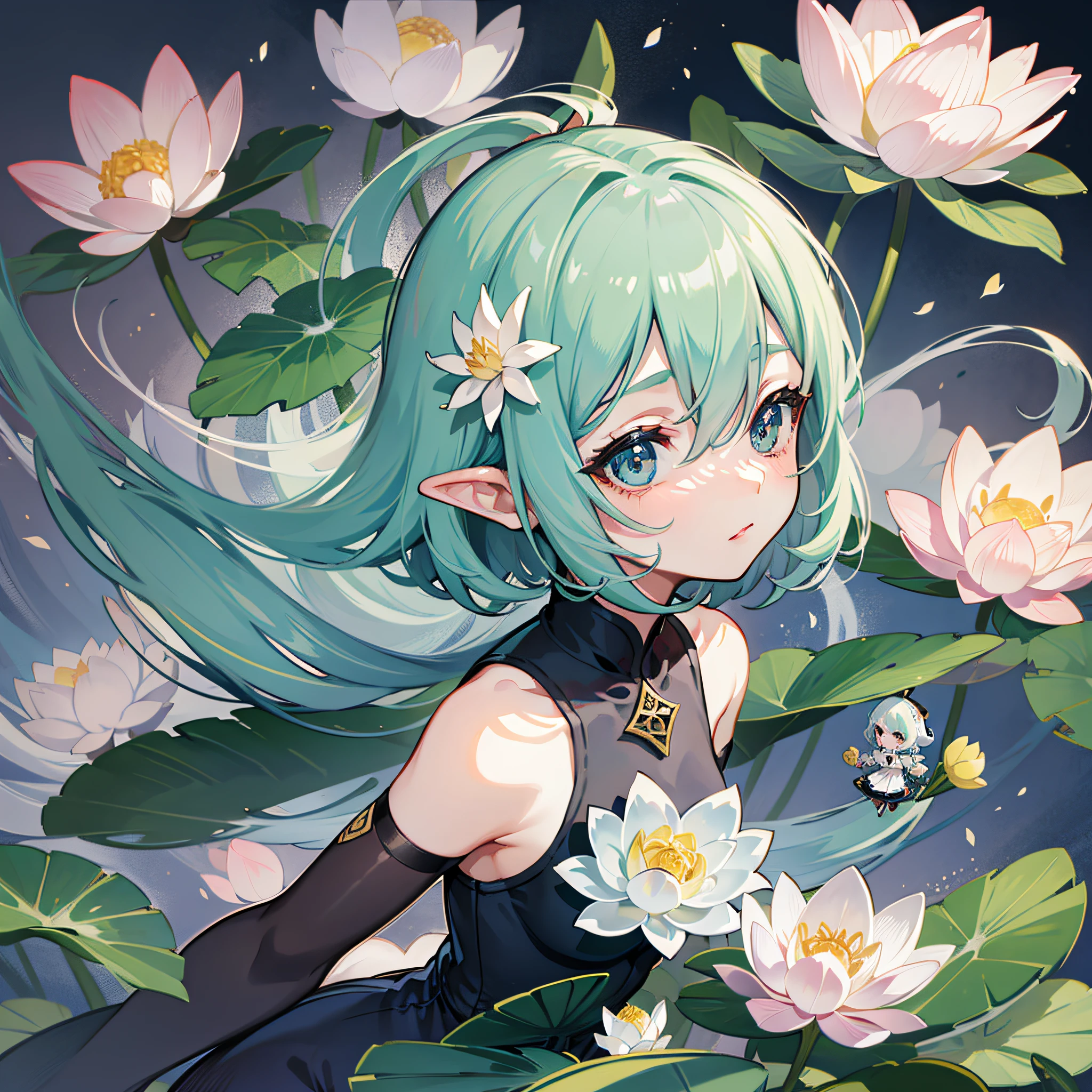 Big lotus leaf, lotus flower, ink painting style, clean color, ink style, blending, decisive cutting, white space, freehand, lotus fairy, Dunhuang flying sky, a little girl, young girl, cartoon, big-headed doll, cute, playful, ethereal, curved, feminine, masterpiece, super detailed, epic composition, high quality, highest quality, ,antique,