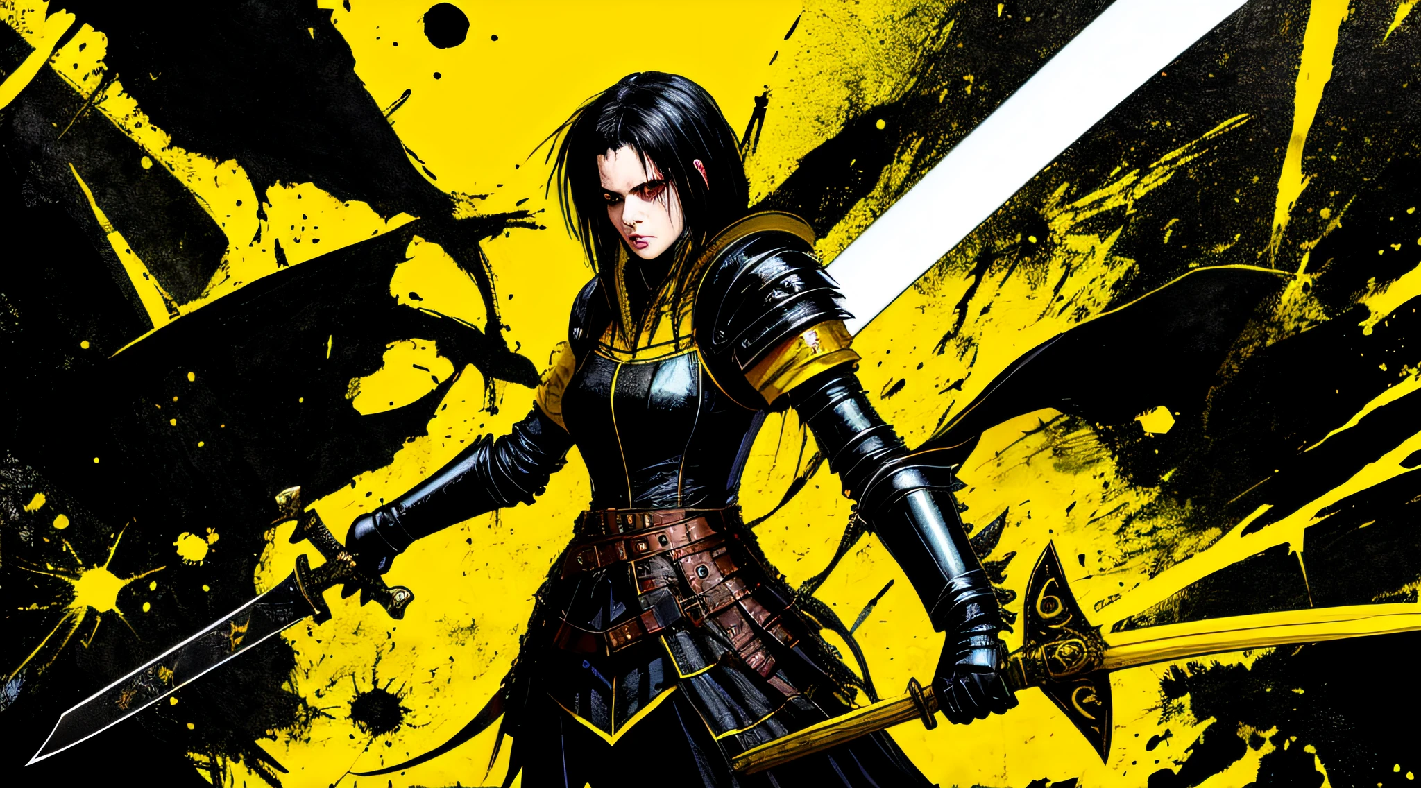 yellow and black, a medieval female black knight with a sword, in the style of Mork Borg, strong contrast, grunge dirty punk splash art, black metal zine