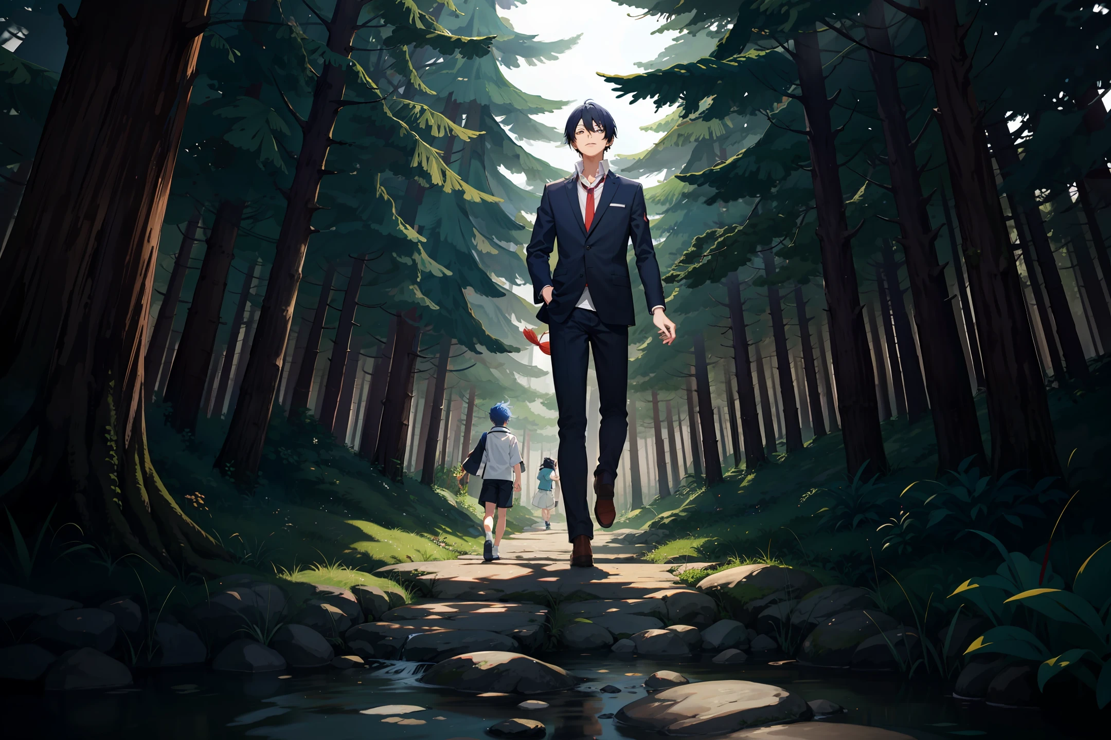 Create an image of the character yusuke walking in a forest, at night with the view from the front