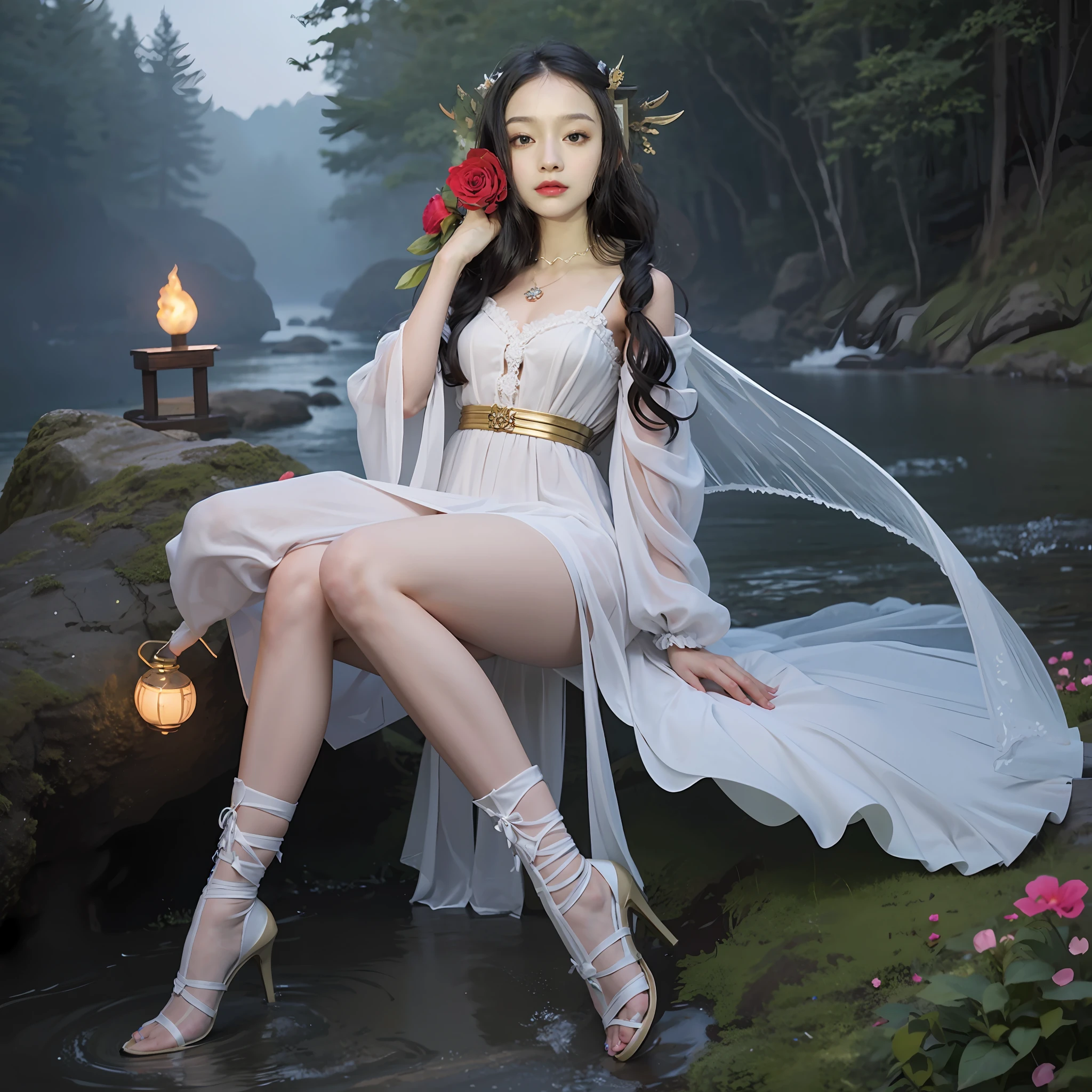 Single, Slave, Elf, Pendant, Halo, Lace trim, Ribbon trim, Ribbon trim, Ribbon, Clear jacket, sheer outfit, wizard robes, pleated skirts, lace, frills, ta style, wet, bare shoulders, belt, ankle boots, bare feet, no socks, weasel tail, fairy wings, sitting on knees with legs bent, hands on the stomach, dynamic angle, hot springs, holding objects, full moon, beach, Mid-Autumn Festival, flower field, spring, background light, natural light, forest law, forest fire method, melting pot of all things, golden rule
