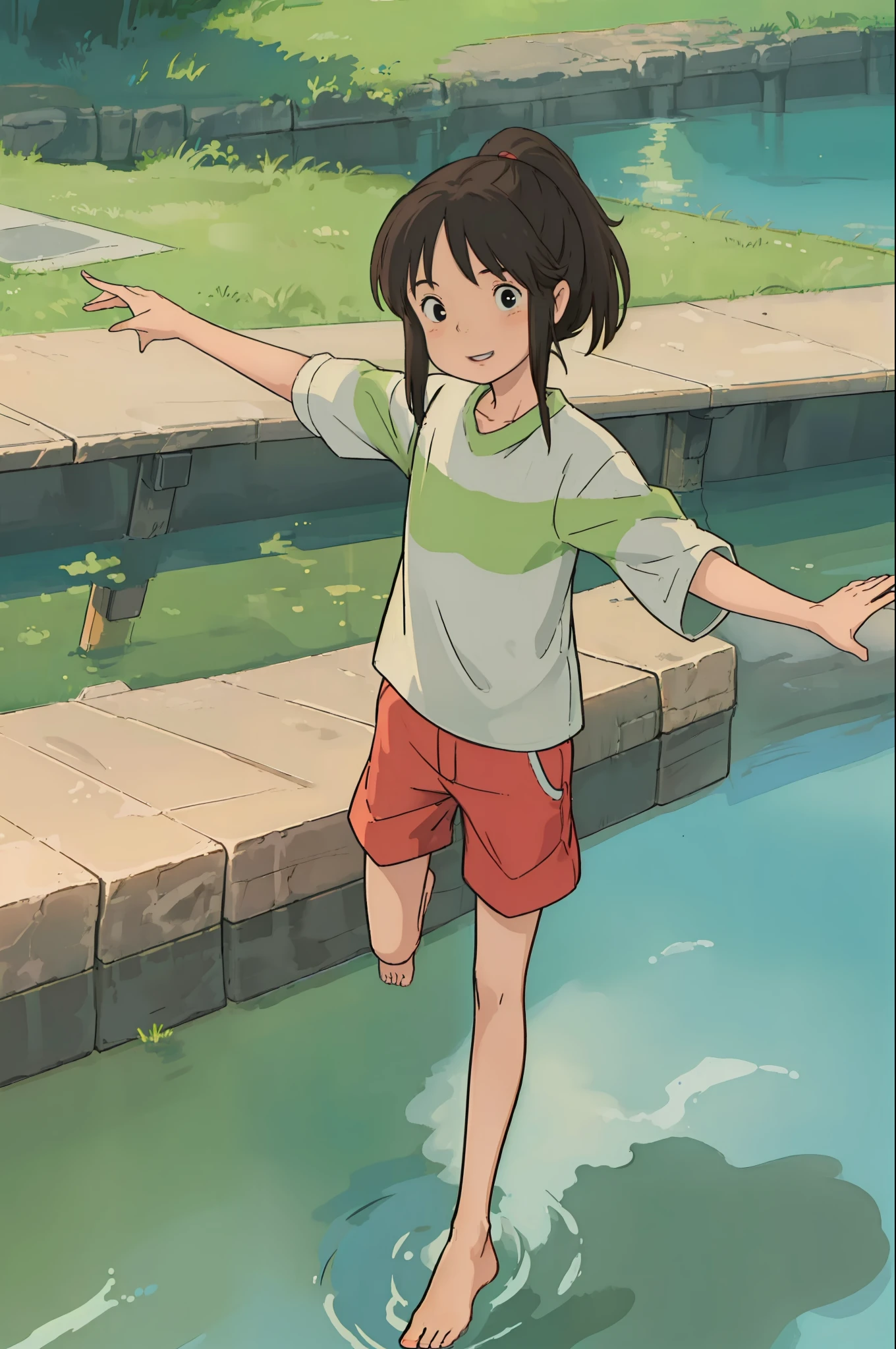 (masterpiece:1.4), (best qualit:1.4), (high resolution:1.4), ogino chihiro, smile, ponytail, long arm shirt, red shorts, barefoot, railroad tracks, balancing, outstretched arms,  water ,colorful, high contrast