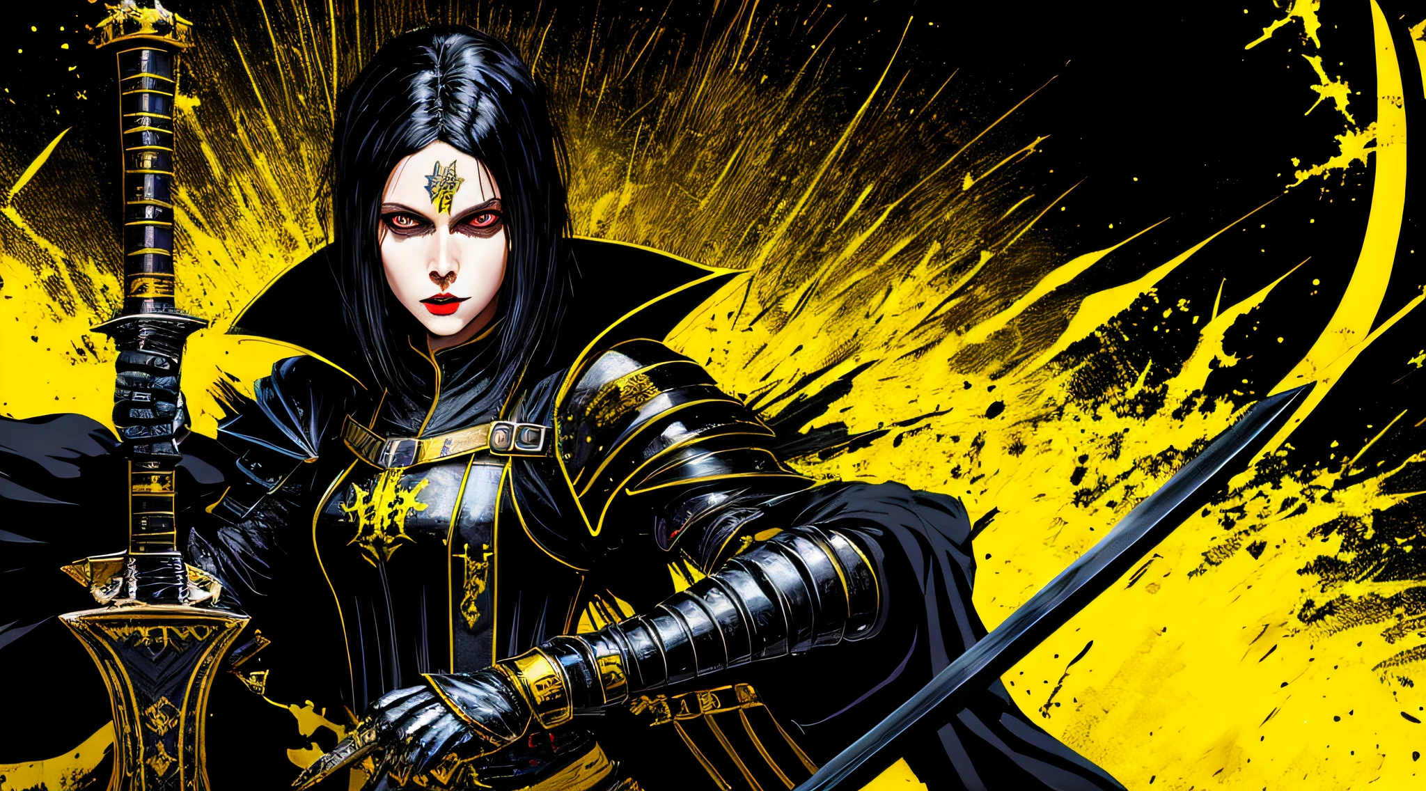 yellow and black, a medieval female black knight with a sword, in the style of Mork Borg, strong contrast, grunge dirty punk splash art, black metal zine