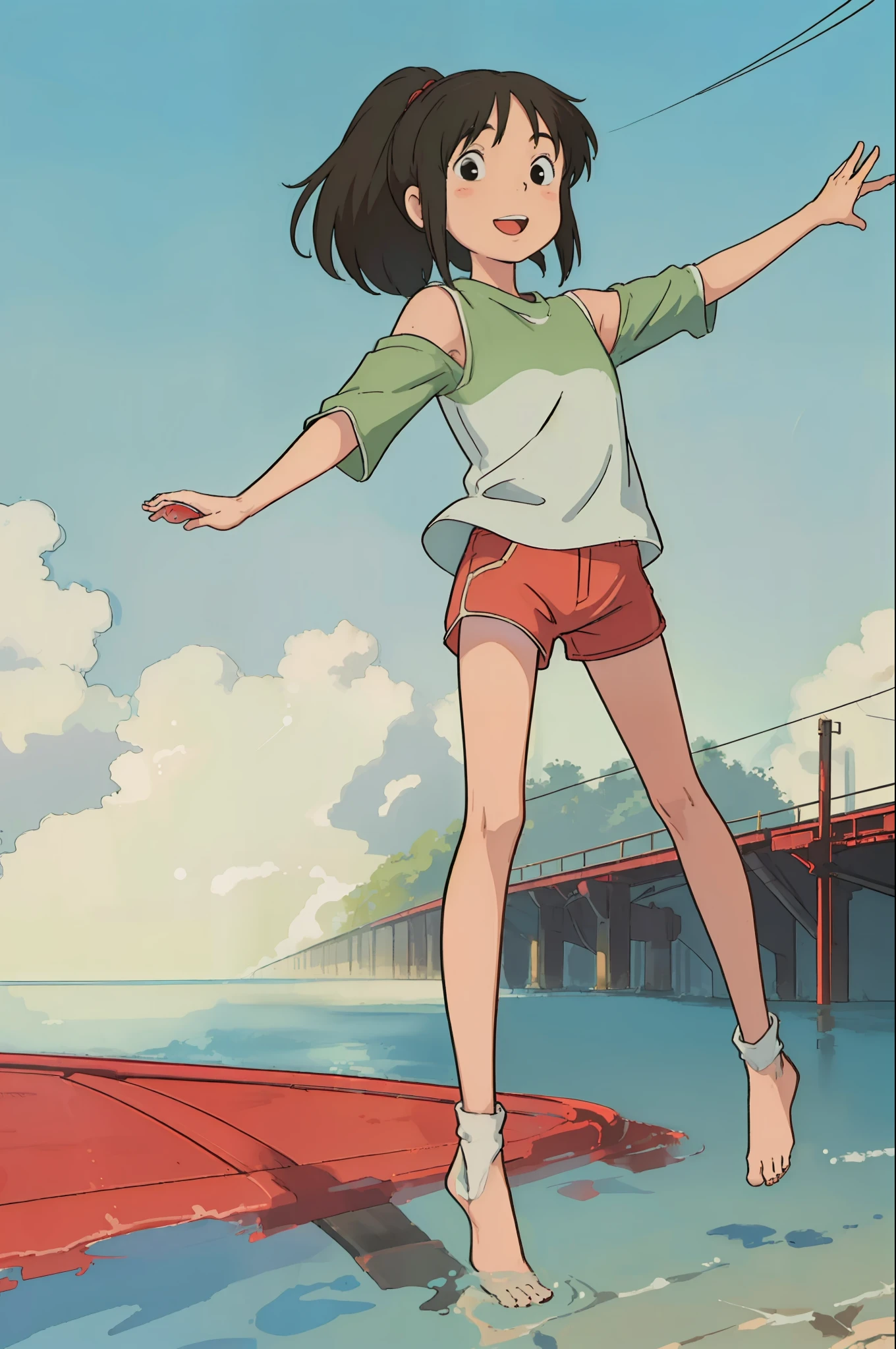 (masterpiece:1.4), (best qualit:1.4), (high resolution:1.4), ogino chihiro, smile, ponytail, long arm shirt, red shorts, barefoot, railroad tracks, balancing, outstretched arms,  water ,colorful, high contrast