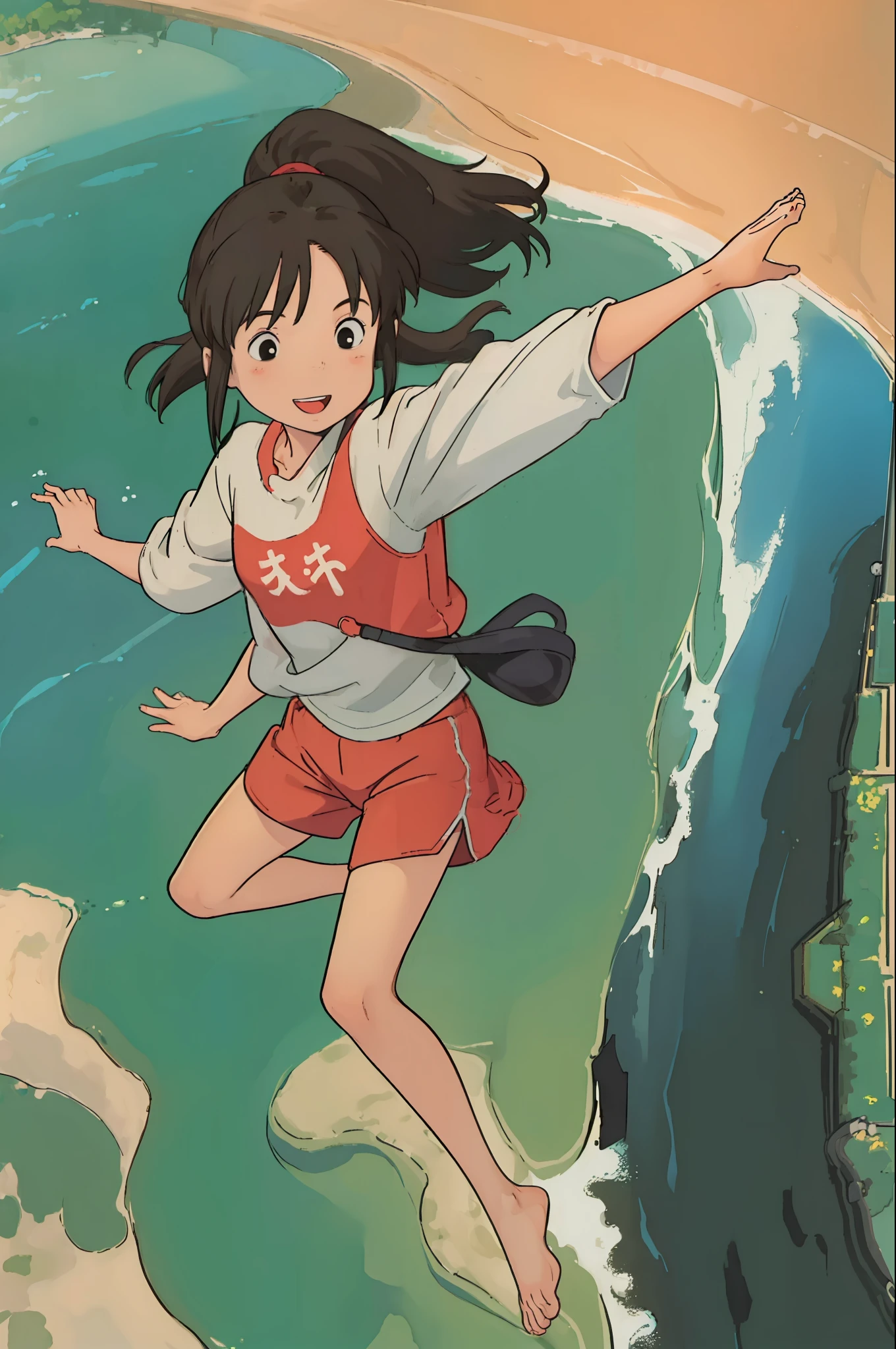 (masterpiece:1.4), (best qualit:1.4), (high resolution:1.4), ogino chihiro, smile, ponytail, long arm shirt, red shorts, barefoot, railroad tracks, balancing, outstretched arms, water ,colorful, high contrast
