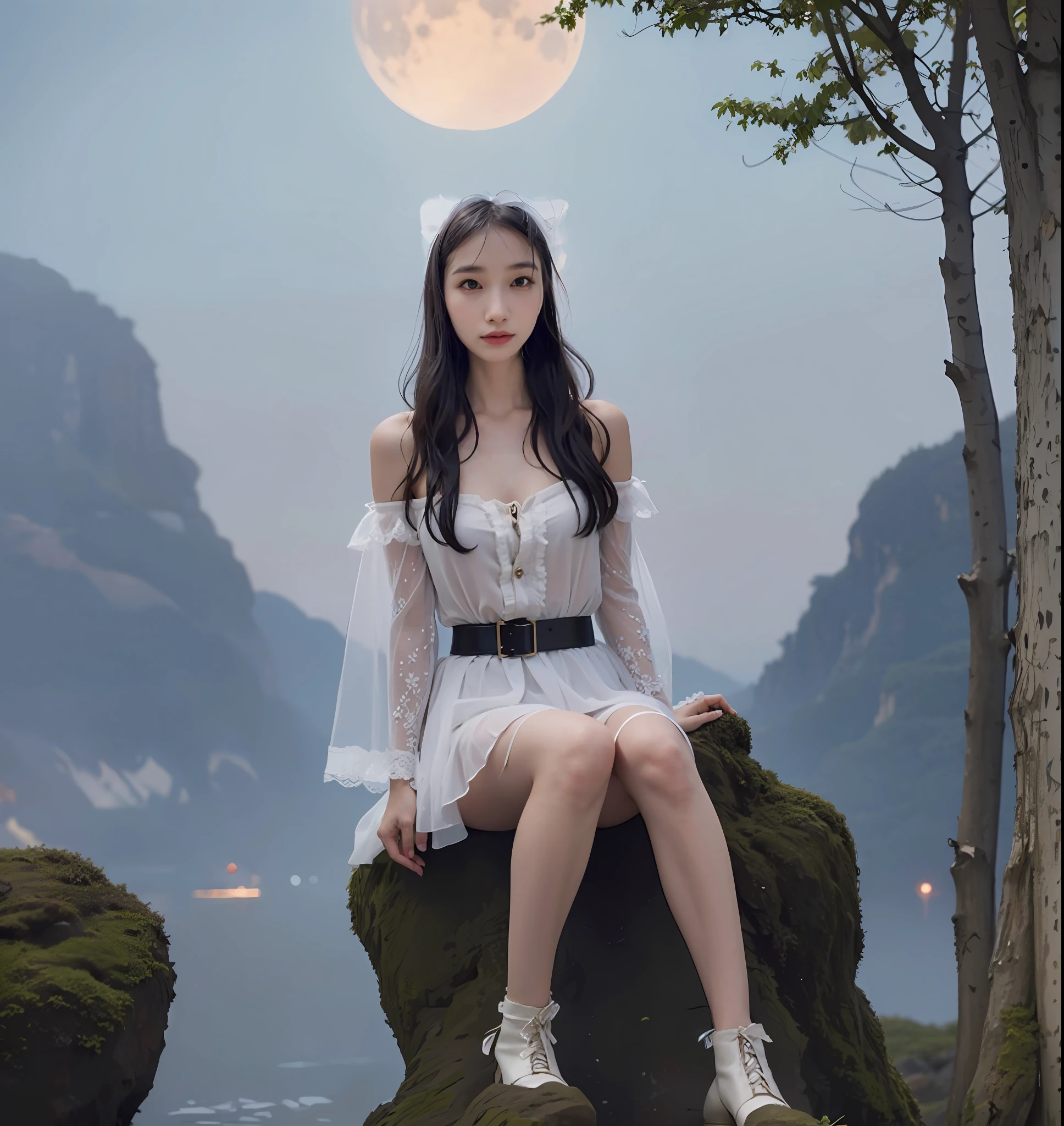 Single, Slave, Elf, Pendant, Halo, Lace trim, Ribbon trim, Ribbon trim, Ribbon, Clear jacket, sheer outfit, wizard robes, pleated skirts, lace, frills, Lolita style, wet, bare shoulders, belt, ankle boots, bare feet, no socks, weasel tail, fairy wings, sitting on knees with legs bent, hands on the stomach, dynamic angle, hot springs, holding objects, full moon, beach, Mid-Autumn Festival, flower field, spring, background light, natural light, forest law, forest fire method, melting pot of all things, golden rule