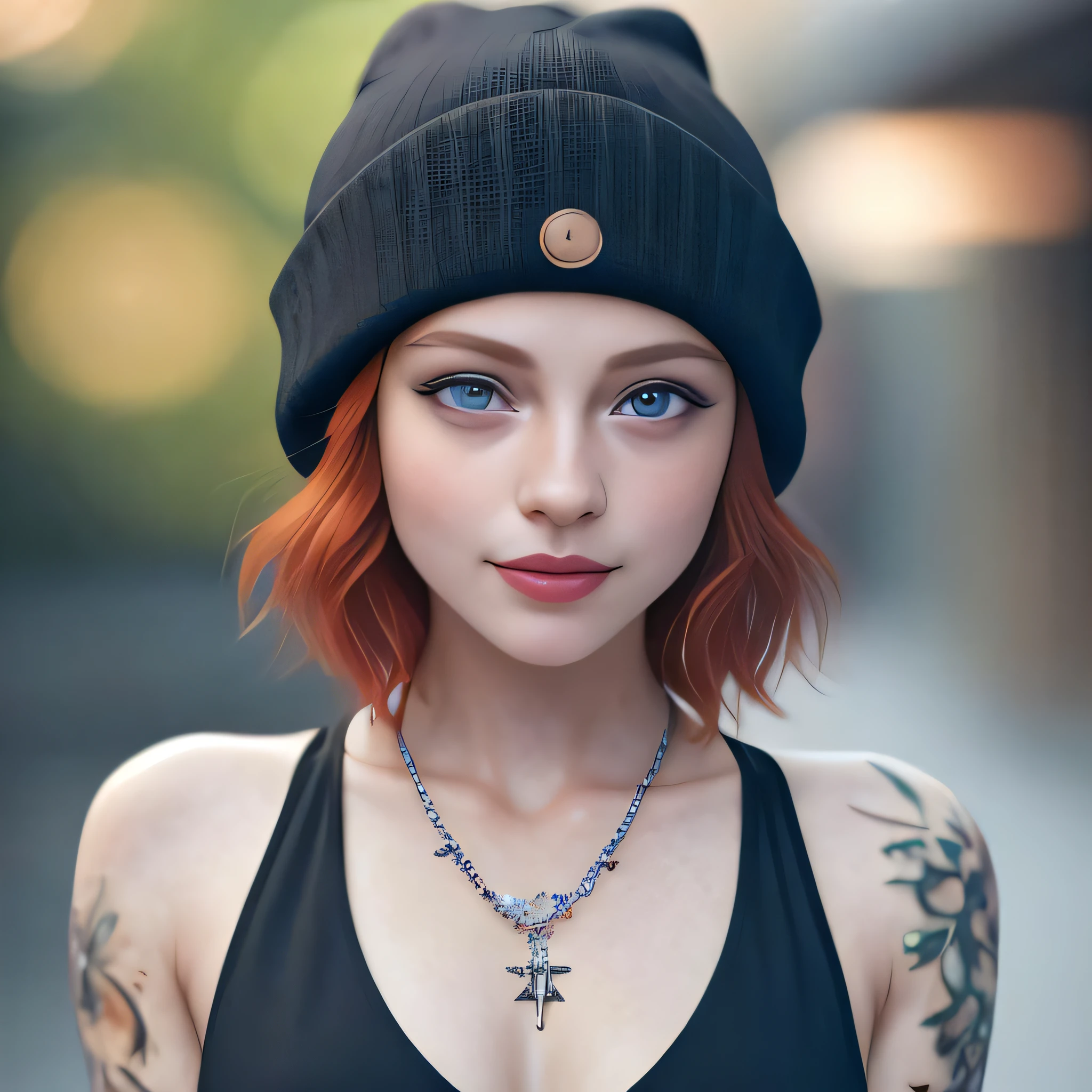 ClioRecinelli, masterpiece, best quality, high quality,extremely detailed CG unity 8k wallpaper,  redhair, tattoo, short hair, beanie, jewelry, smile, necklace, looking at viewer, hat, realistic,  upper body, tank top, nose, bare shoulders, artist name, black headwear, collarbone, arm tattoo, blue eyes, lips, blurry, oil paiting, award winning photography, Bokeh, Depth of Field, HDR, bloom, Chromatic Aberration ,Photorealistic,extremely detailed, trending on artstation, trending on CGsociety, Intricate, High Detail, dramatic, art by midjourney