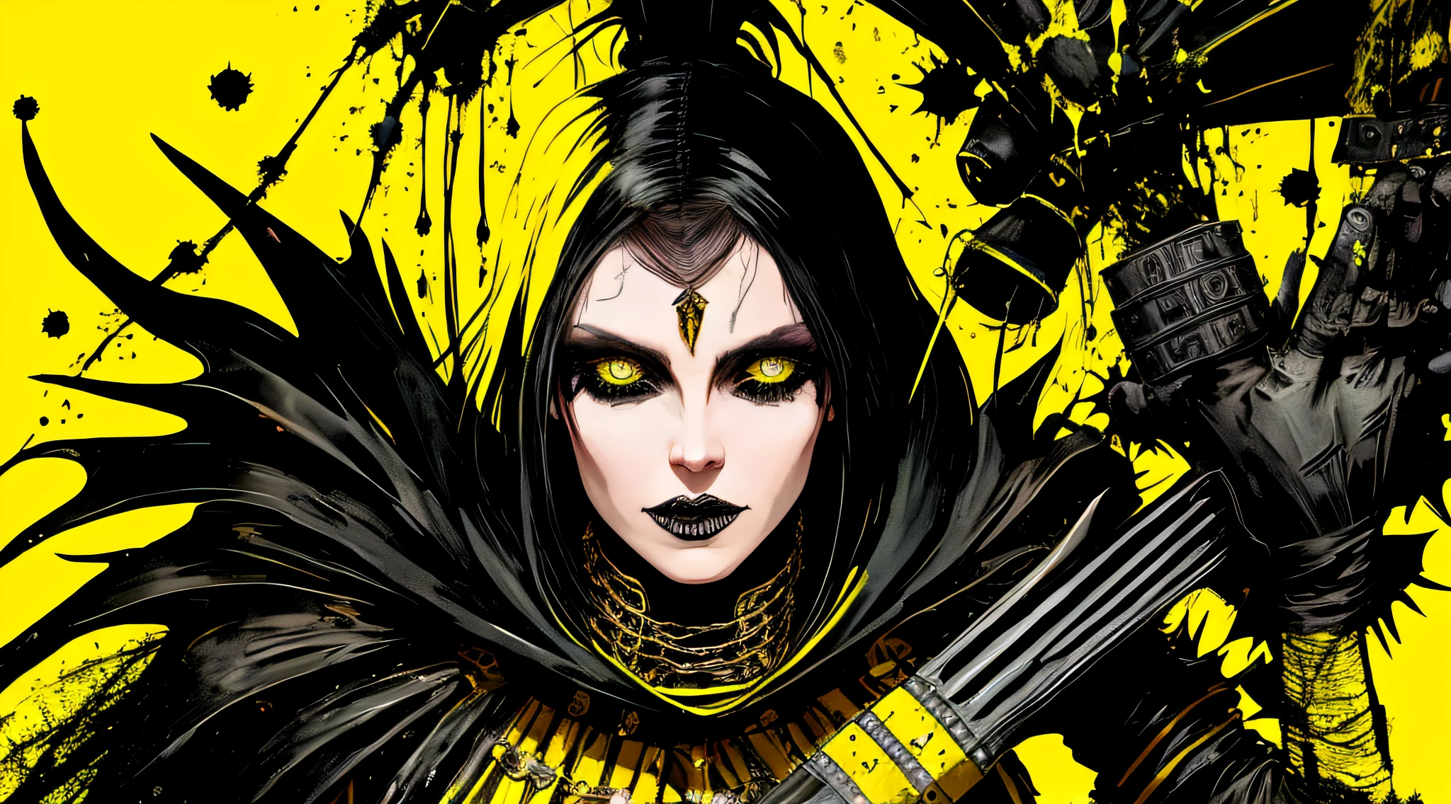 yellow and black, a medieval female black witch, in the style of Mork Borg, strong contrast, grunge dirty punk splash art, black metal zine