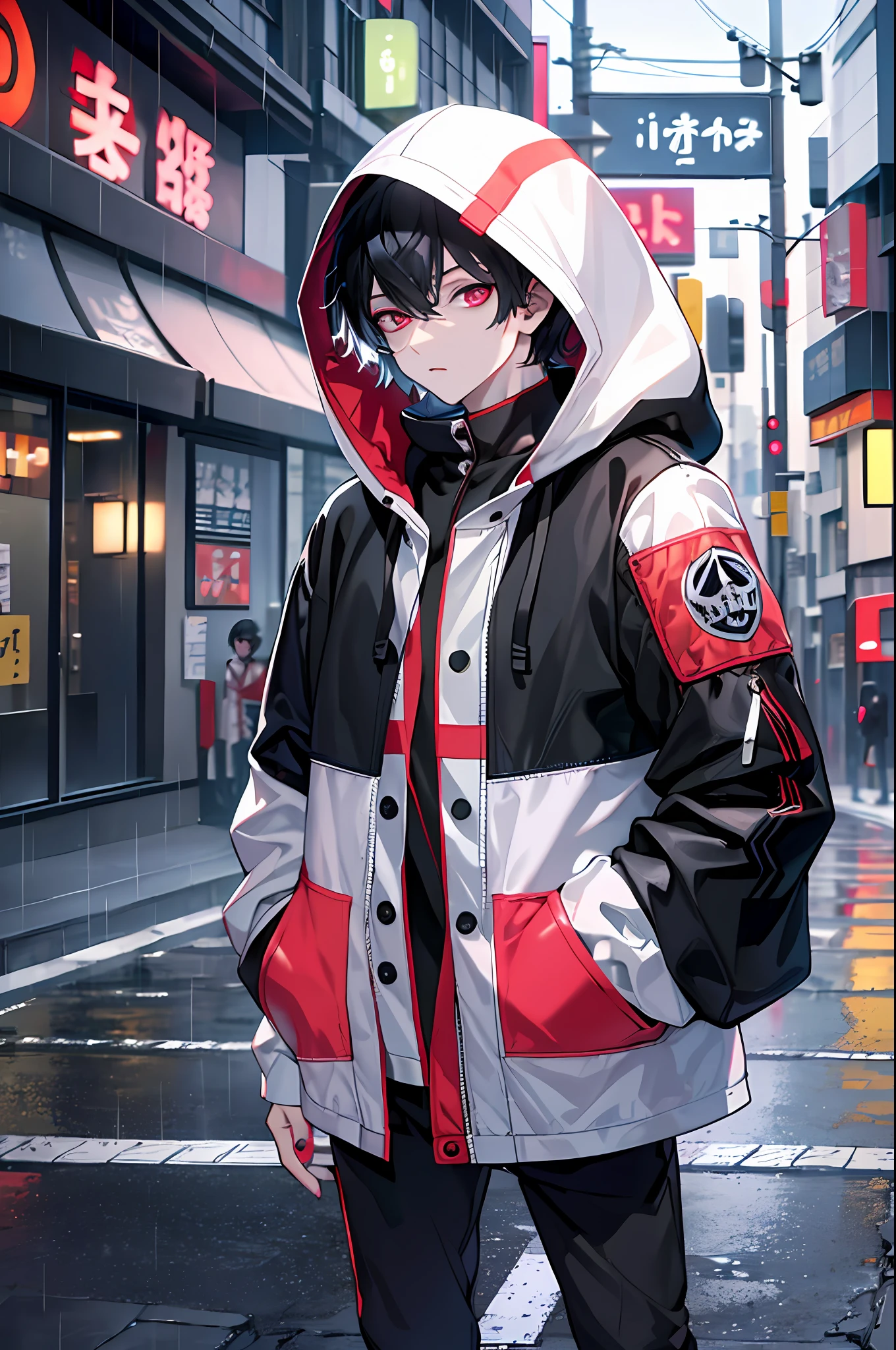kk, best quality, more details, masterpiece, (whole body) , 1boy, kaneki ken, portrait, standing in the middle of the street, night, male focus, eyes, solo, bangs, looking at viewer, hood, short hair, rain, tokyo tokyo \(city\), hood up, nail polish, black hair, luxurious, 8k, detailed, ray tracing, depth of field, cinematic lighting,