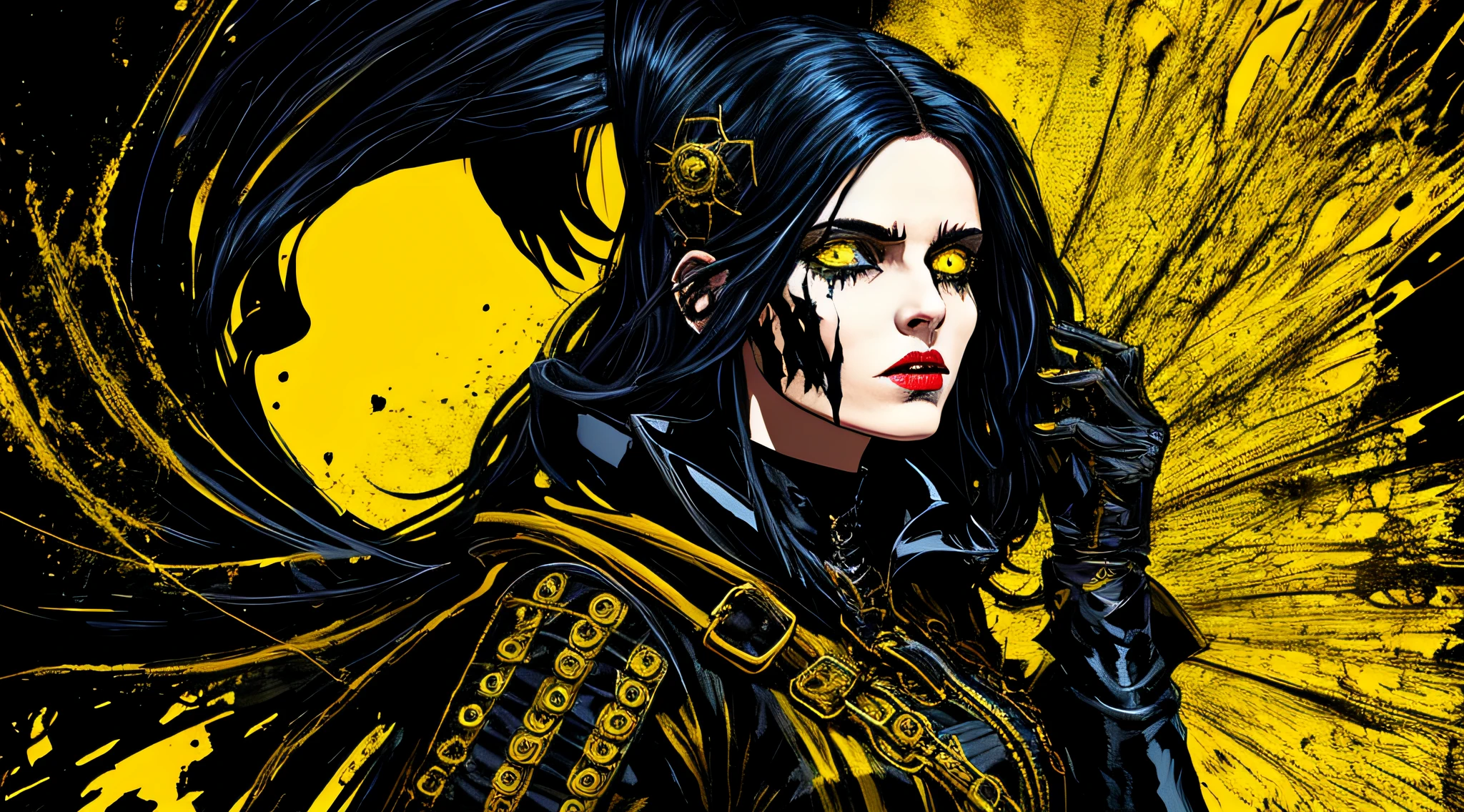 yellow and black, a medieval female black witch, in the style of Mork Borg, strong contrast, grunge dirty punk splash art, black metal zine