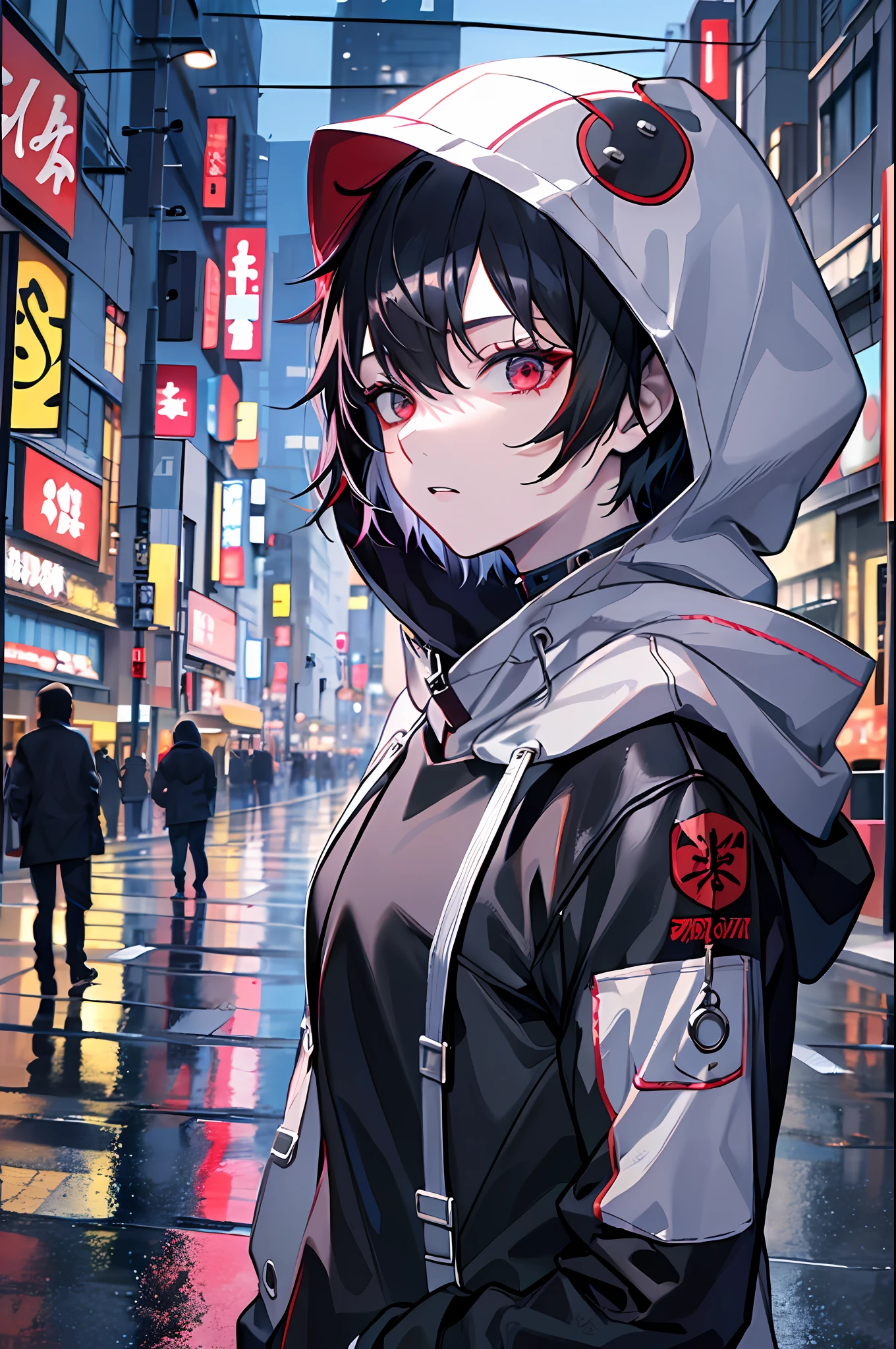 kk, best quality, more details, masterpiece, (whole body) , 1boy, kaneki ken, portrait, standing in the middle of the street, night, male focus, eyes, solo, bangs, looking at viewer, hood, short hair, rain, tokyo tokyo \(city\), hood up, nail polish, black hair, luxurious, 8k, detailed, ray tracing, depth of field, cinematic lighting,