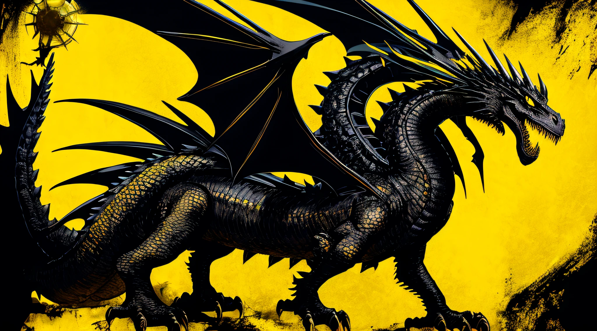 yellow and black, a medieval black dragon, in the style of Mork Borg, strong contrast, grunge dirty punk splash art, black metal zine
