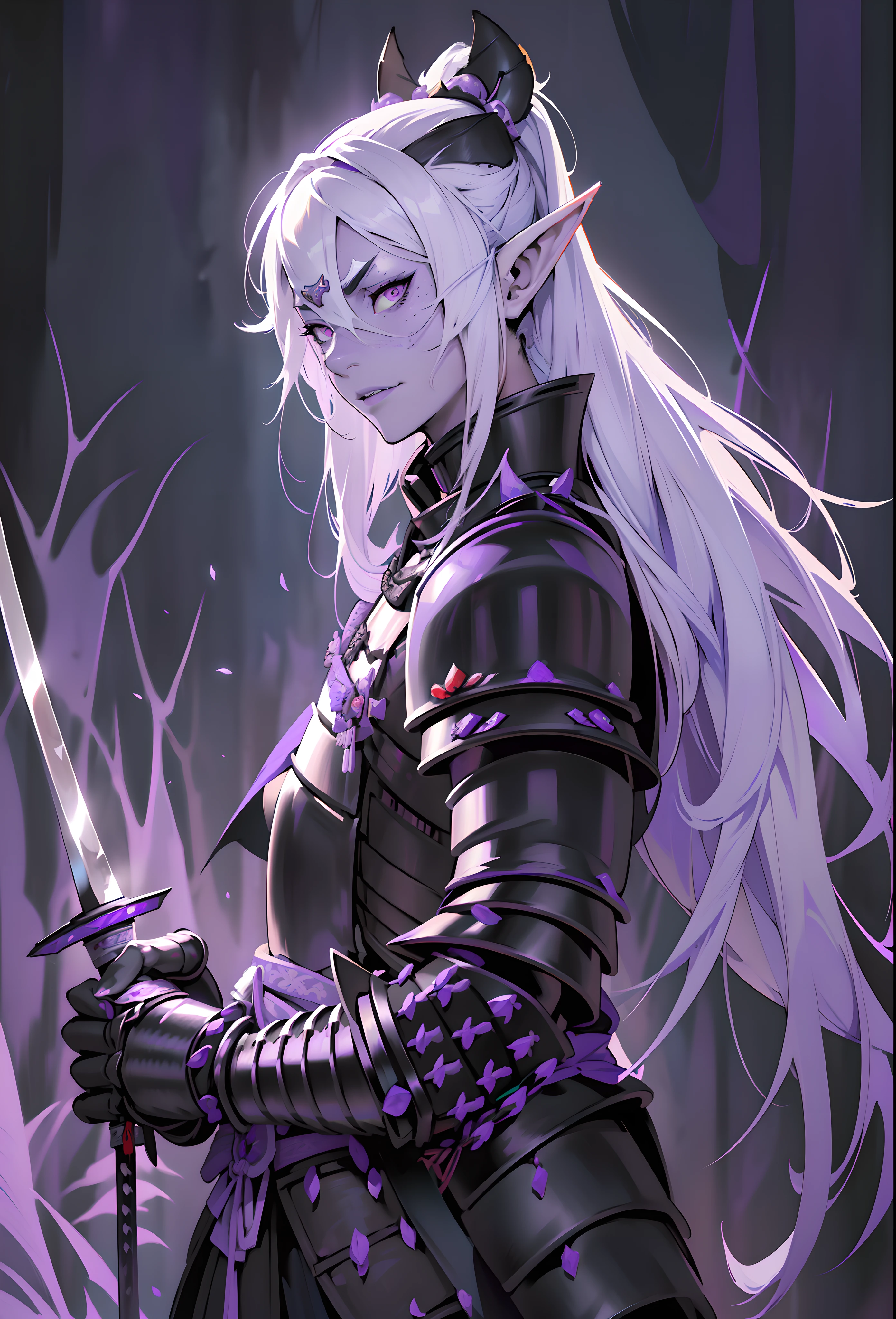 (extremely detailed 8k wallpaper:1.2), (best quality:1.2), (adventure and fantasy theme), profile (Dungeons & Dragons RPG character), ((((black elf race woman)))), (((drow))), (((asiatica))), young, beautiful, sexy, sharp focus, (subsurface scattering:1.1), award-winning photograph, ((Antipaladine Class:1.3)), ((half-body shot:1.1)), centered face, very long white hair, freckles on the face, white skin, pale skin, oriental painting of geisha on face, bright lilac eyes:1.2, malicious expression, villainous, evil, (((((black and purple samurai armor))))), holding samurai sword in hand, sword with black energy, (standing inside black forest:1.3), (very detailed background:1.2), dramatic lighting, sfw