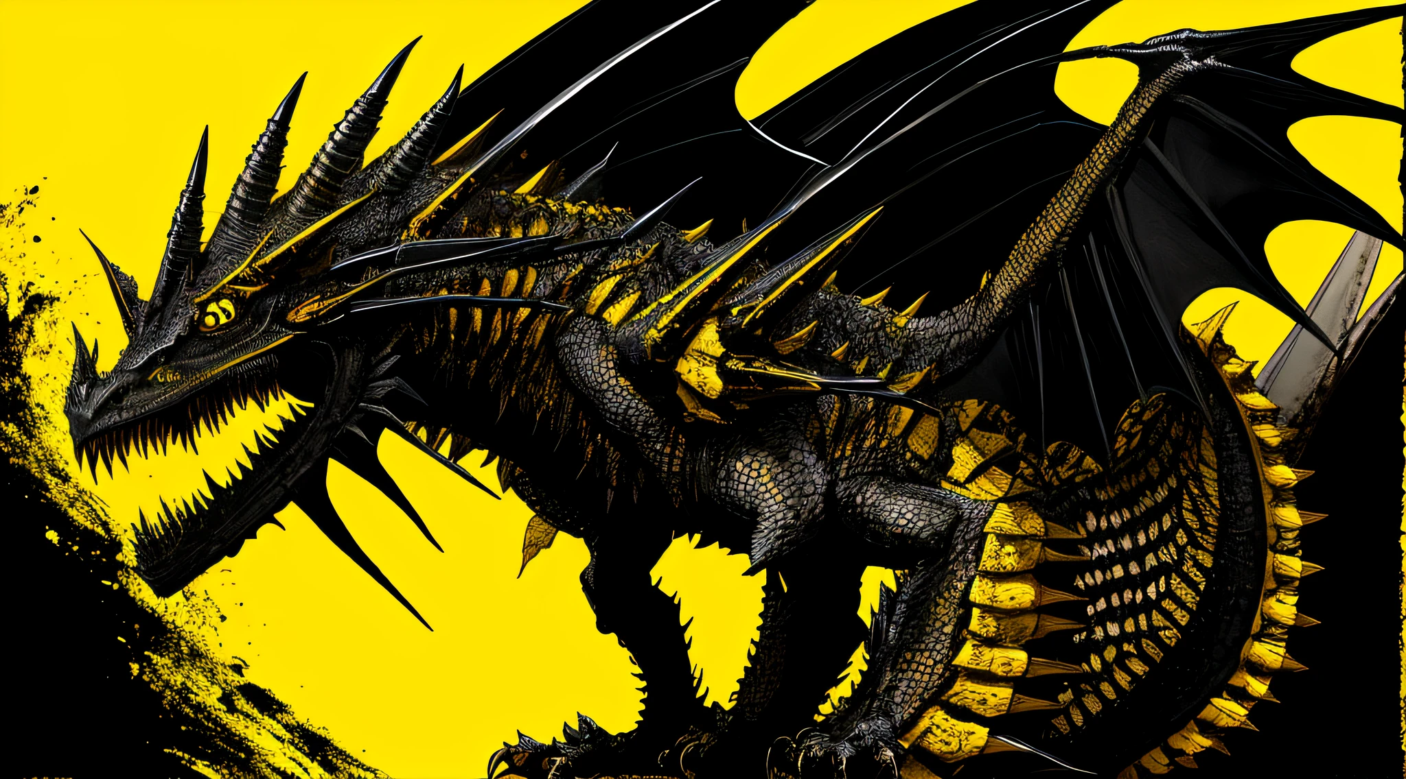 yellow and black, a medieval black dragon, in the style of Mork Borg, strong contrast, grunge dirty punk splash art, black metal zine
