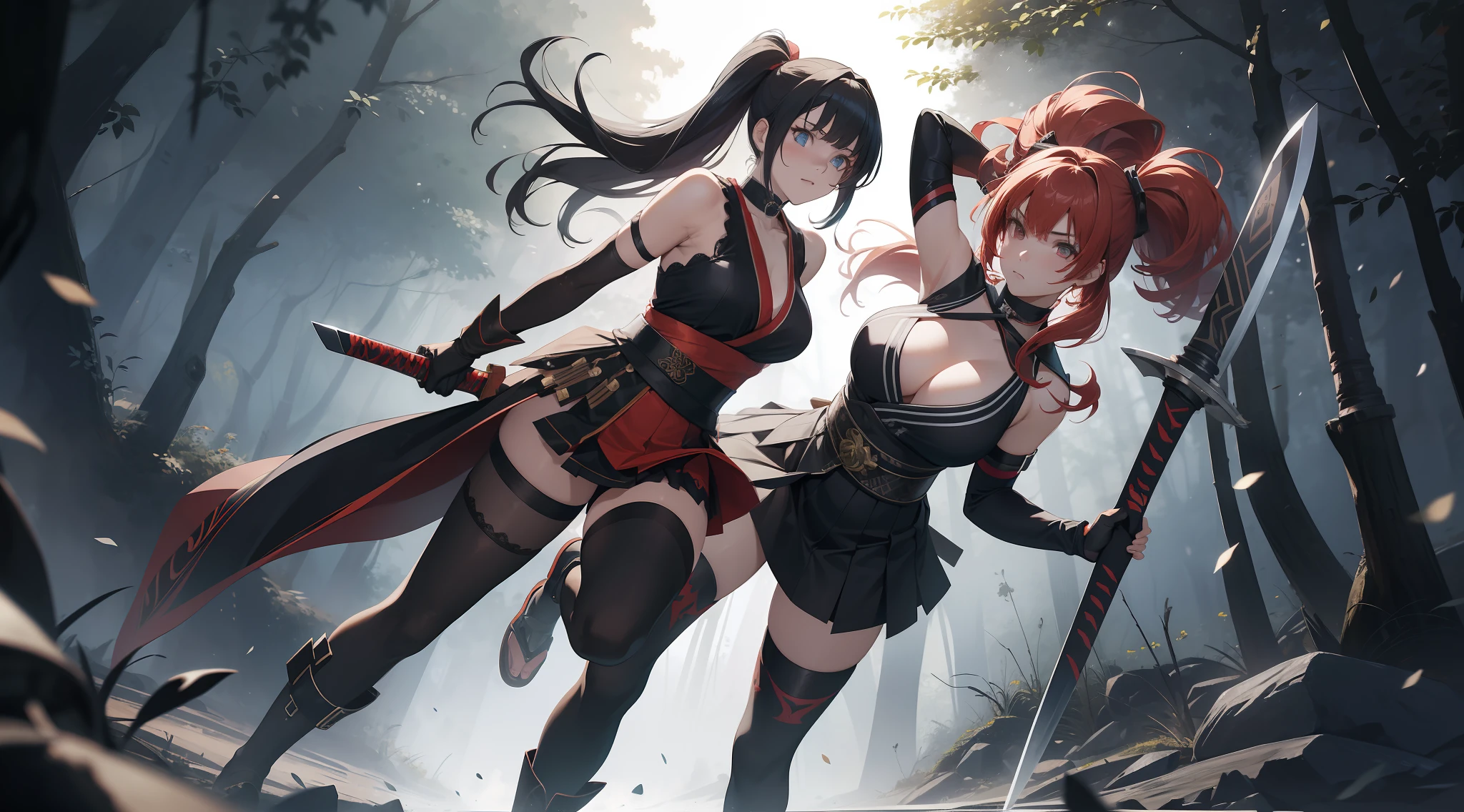 Full body shot of two female character from Dead or Alive game. Kasumi versus Ayame, fighting in a fierce duel death match, clashing with short swords. They have long loose hairstyle. They are wearing different color of sleeveless tunic with a floral print skirt, an obi tied on back hip that holds a sheath for the sword, a pair of 100% black thigh highs, black shoes, a pair of thin long black elbow gloves, hand guards, and a choker. Background set in a dark forest.