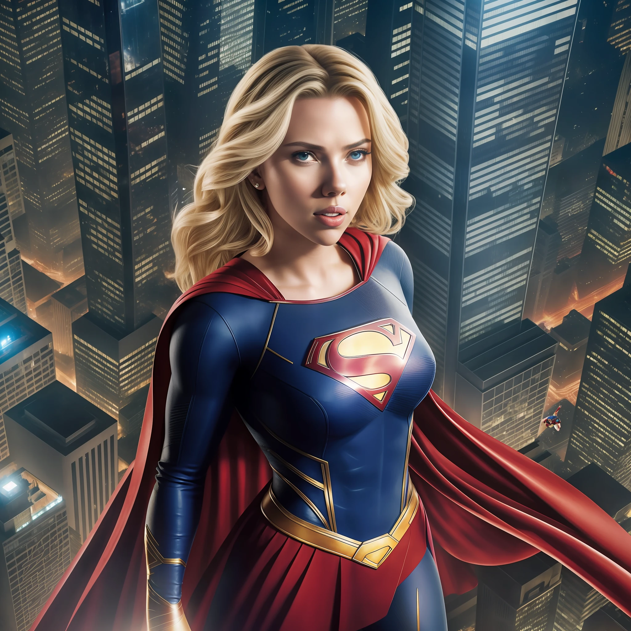 Scarlett Johansson 26 years old with a Superman costume floating on top of a city at night, serious face, Extremely Detailed, Supergirl, 8k